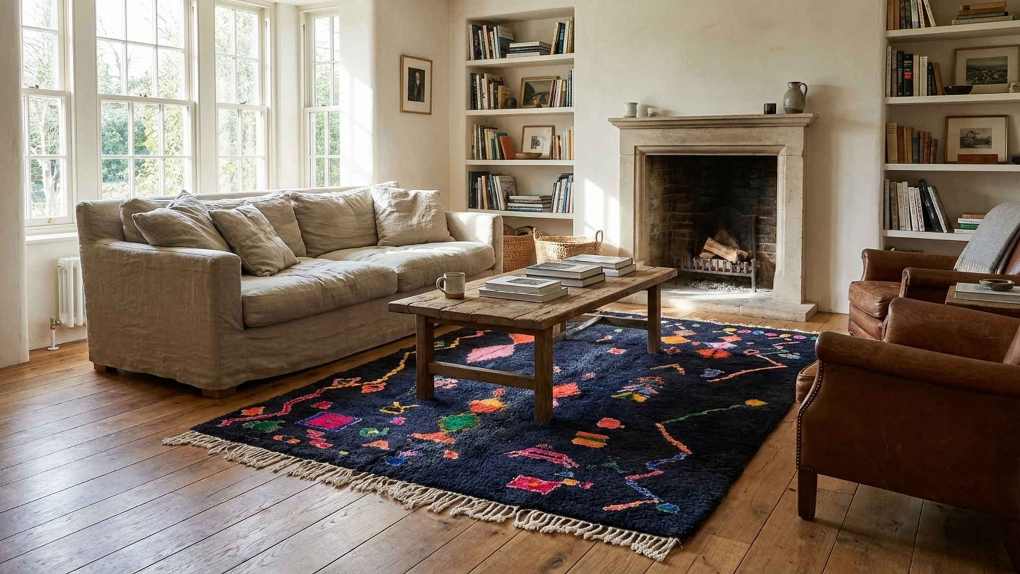 Moroccan Rug Handmade Wool Custom Size - Black Colorful Boho Area Rug for Living Room Bedroom – Berber