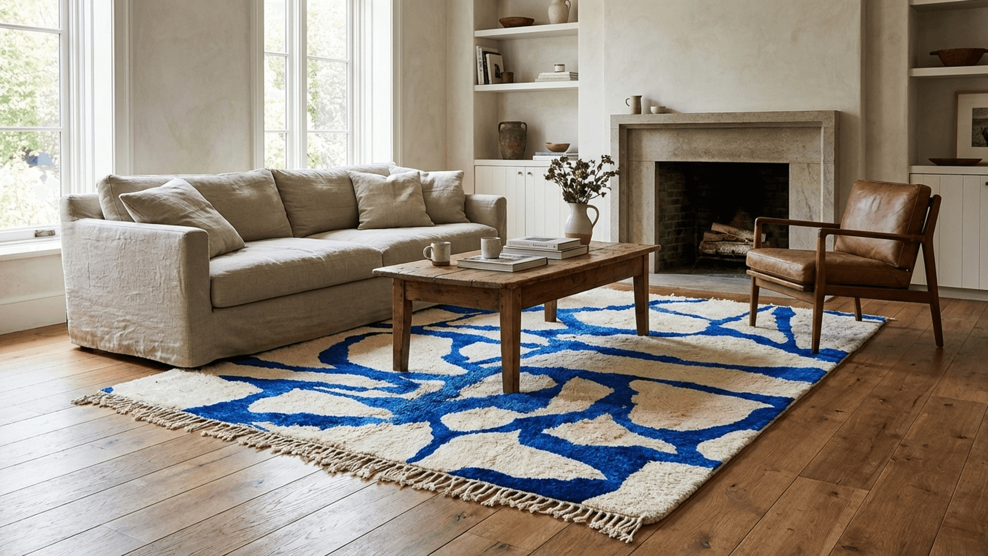 Blue Abstract Line Beni Mrirt Rug