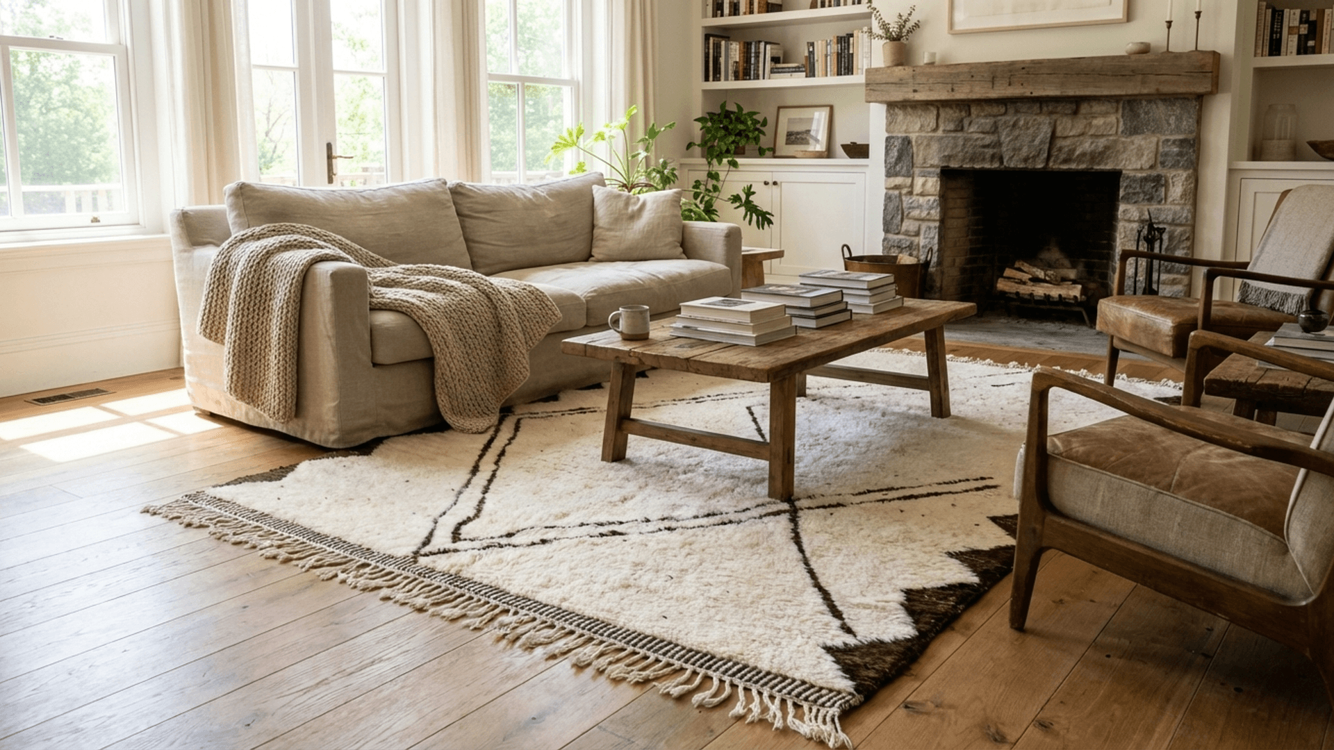 Ivory Framed Diamond Beni Ourain Rug