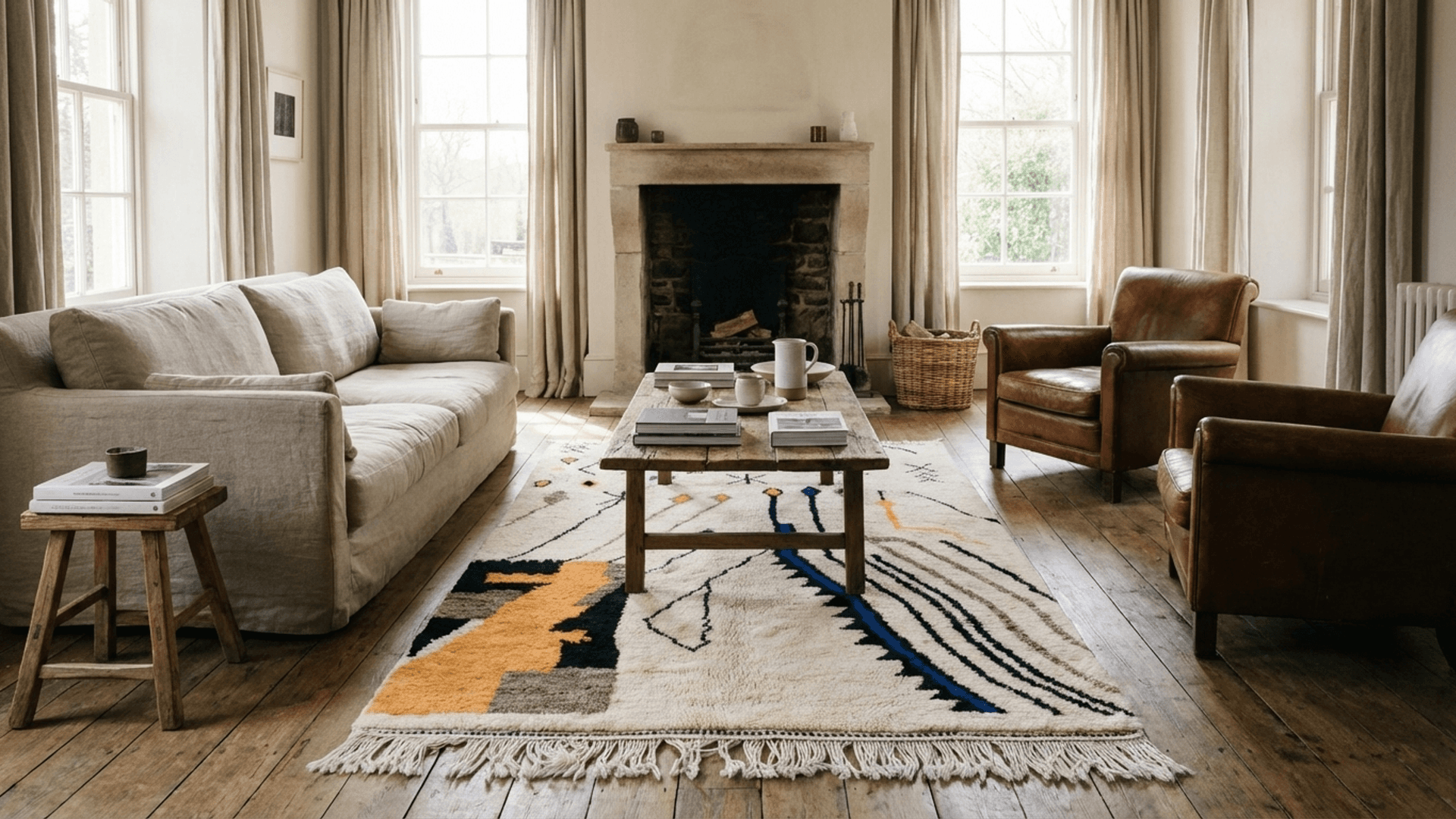 Ivory Blue Abstract Beni Ourain Rug