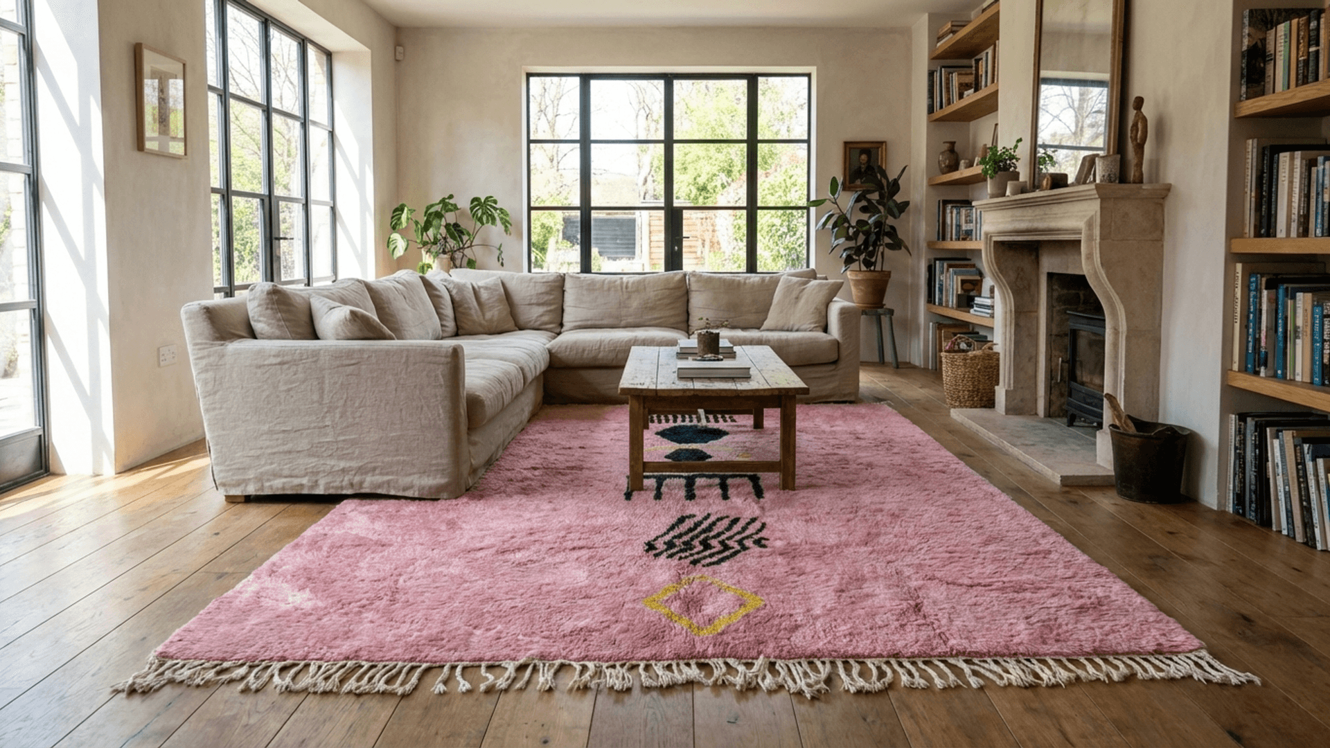 Moroccan Rug Handmade Wool Custom Size - Pink Boho Area Rug for Living Room Bedroom - Modern Minimalist Berber Rug