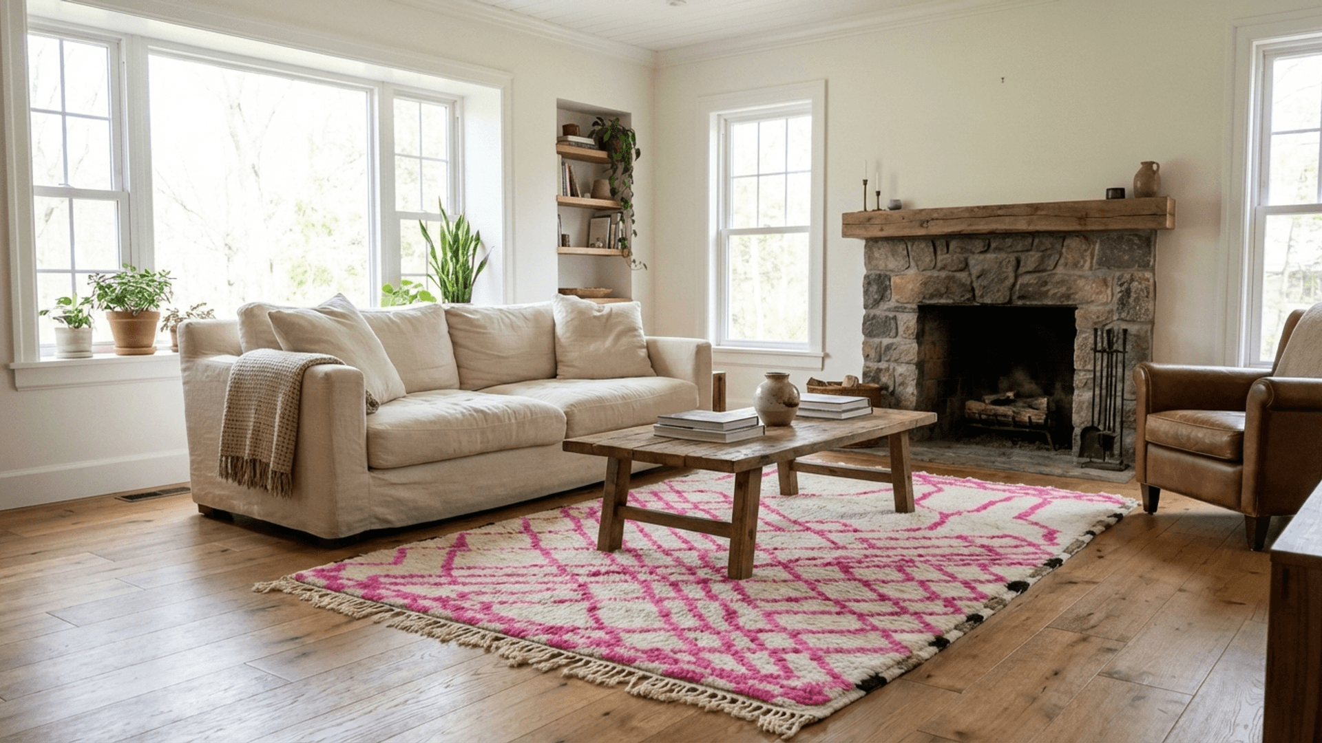 Moroccan Rug Handmade Wool Custom Size - Ivory Pink Geometric Boho Area Rug for Living Room Bedroom - Beni Ourain