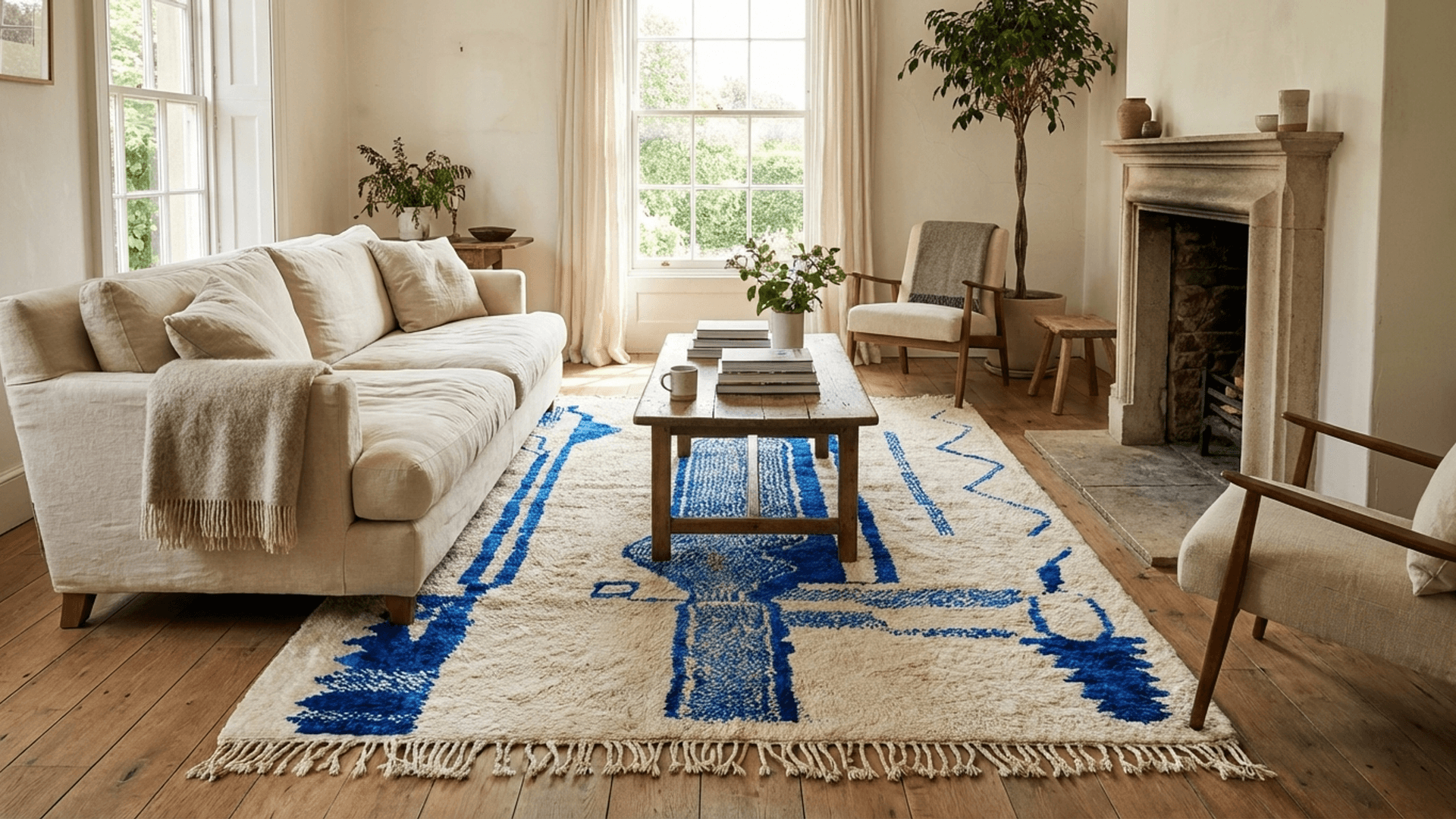 Ivory Blue Linear Beni Ourain Rug