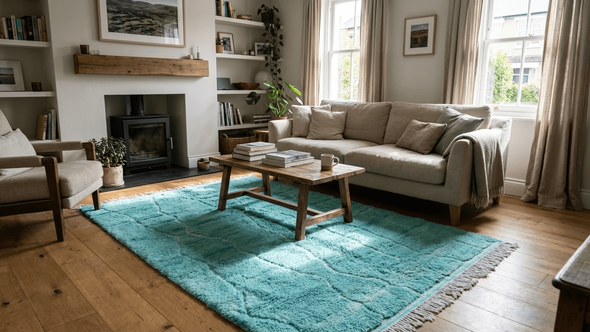 Turquoise Wavy Line Beni Mrirt Rug