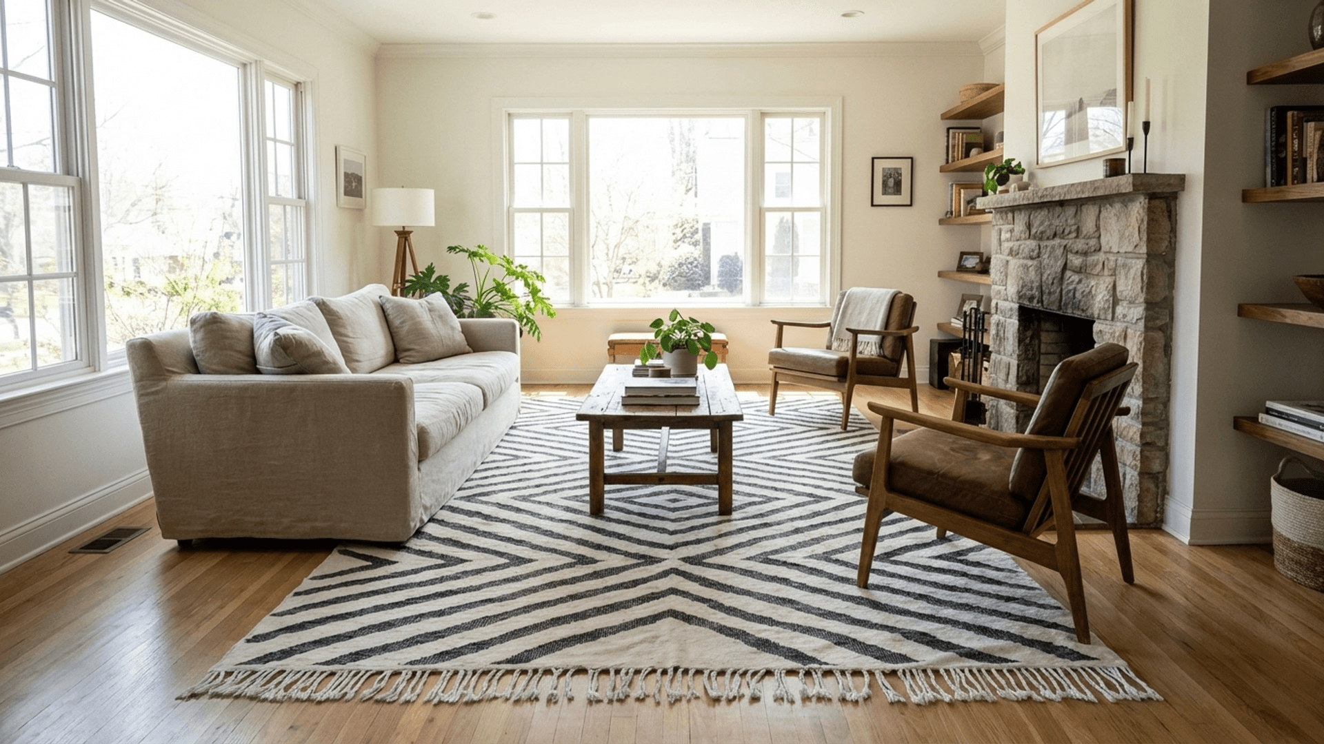 Tapis Marocain Fait Main en Laine 7x10 - Ivoire Noir Tapis de Zone Minimaliste Moderne pour Salon Chambre - Modern Hanbal