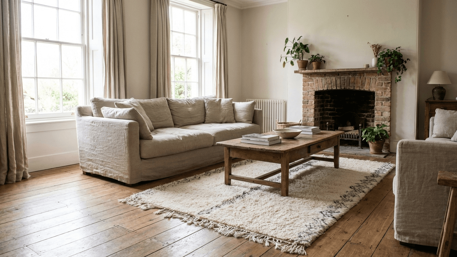 Ivory Zigzag Border Beni Ourain Rug
