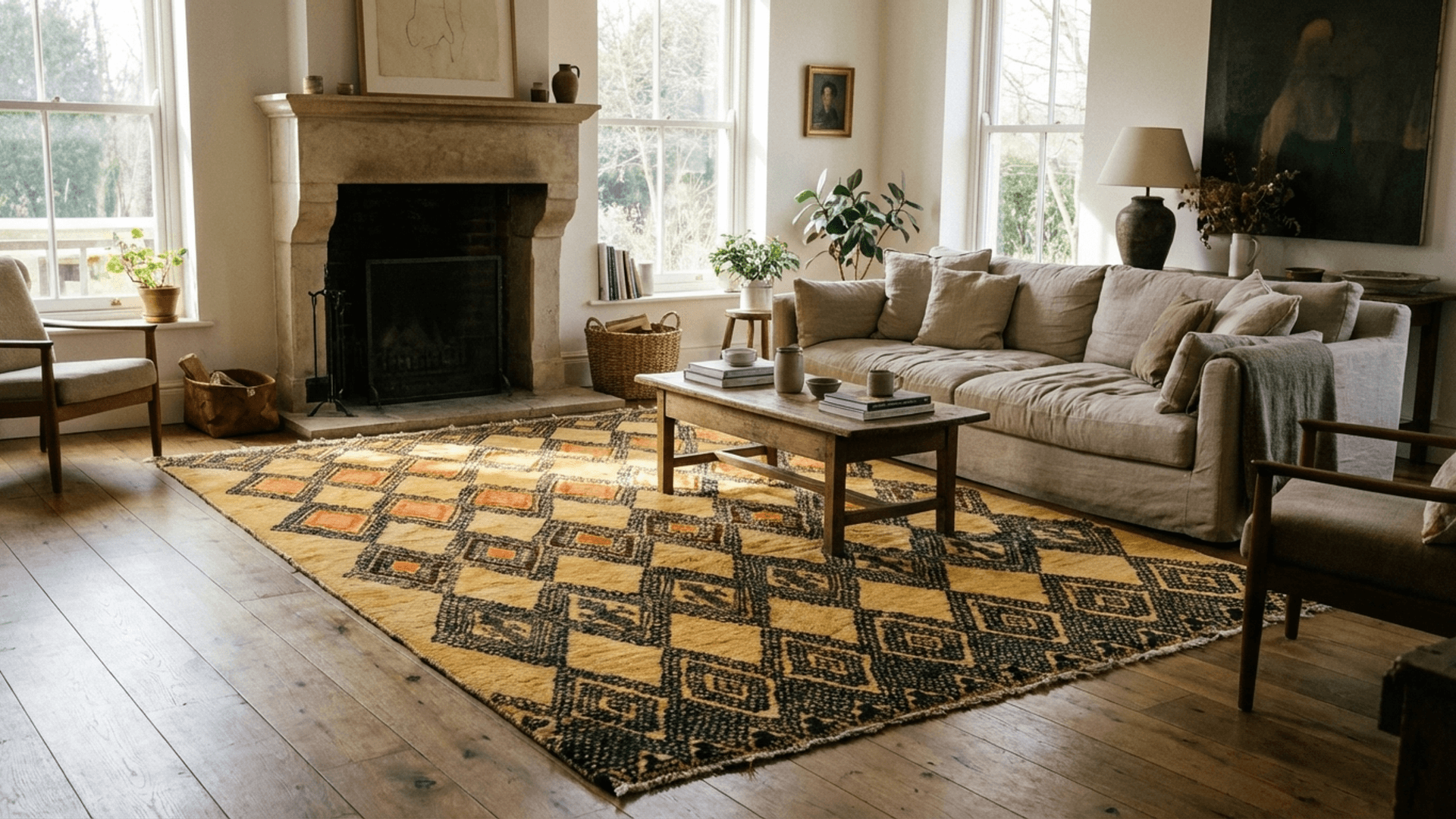 Ivory Orange Diamond Beni Mrirt Rug