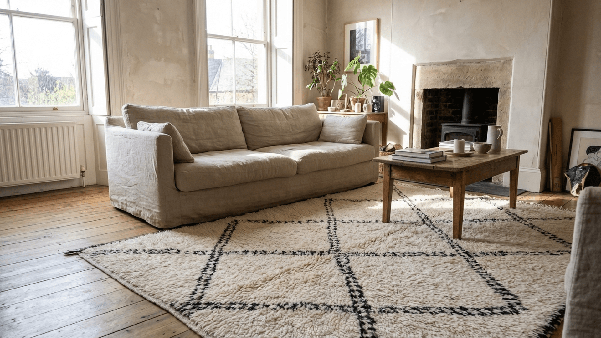 Moroccan Rug Handmade Wool 8x5 - Ivory Black Minimalist Boho Area Rug for Living Room Bedroom Beni Ourain