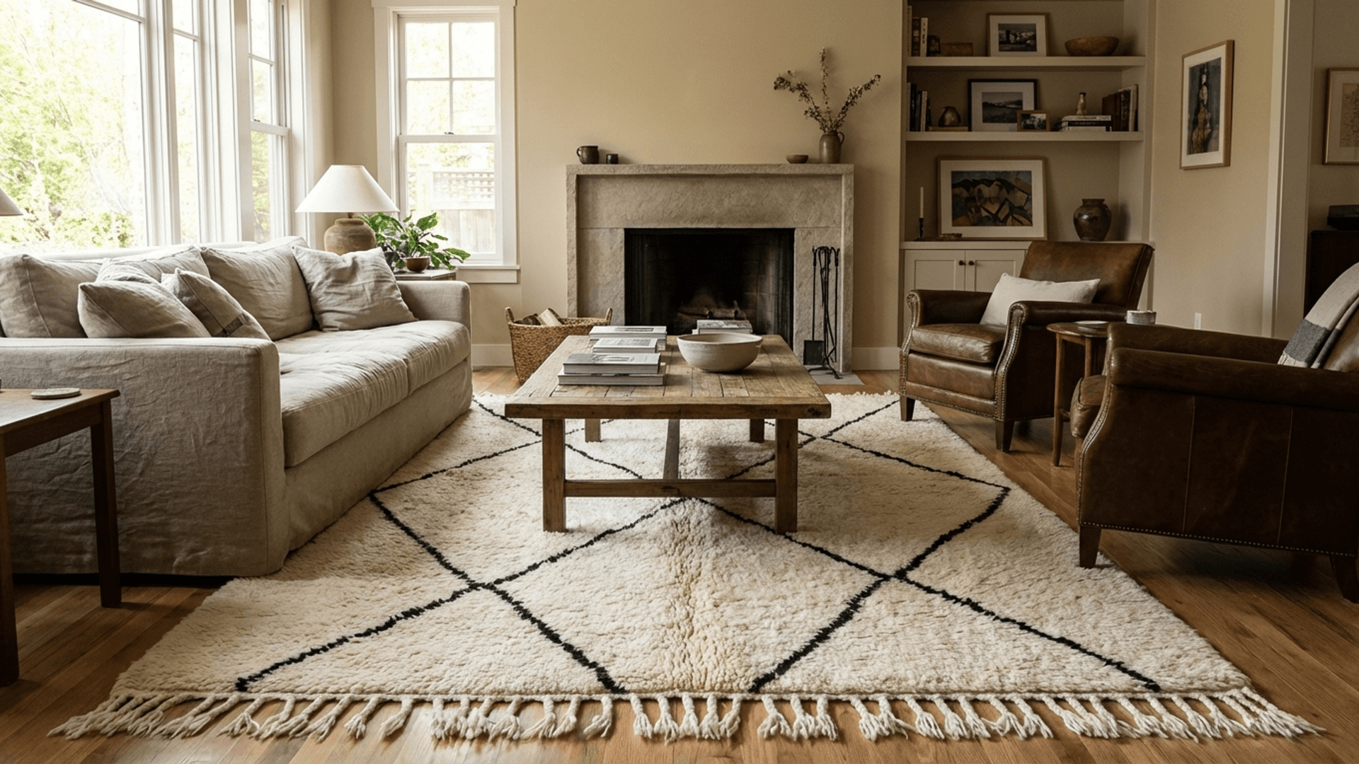 Ivory Fringe Diamond Beni Ourain Rug