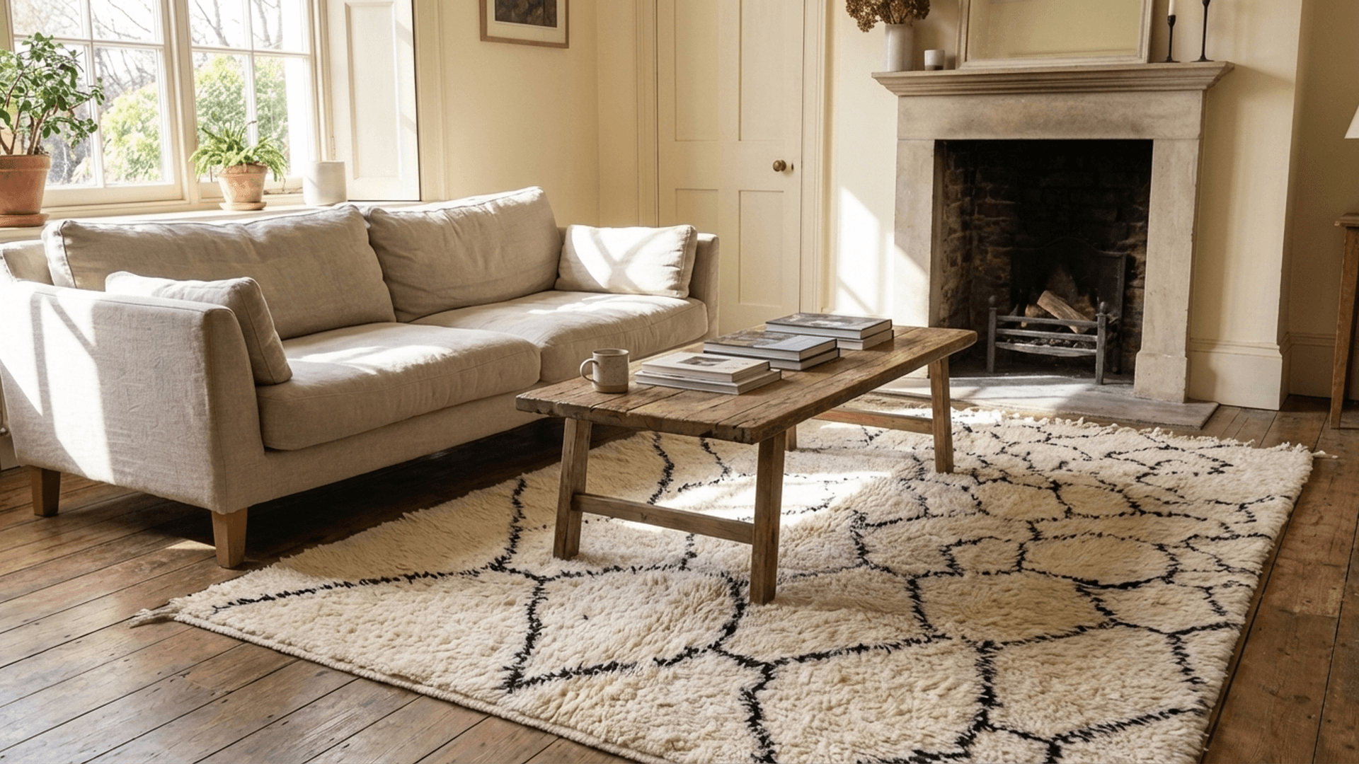 Ivory Black Lattice Beni Ourain Rug