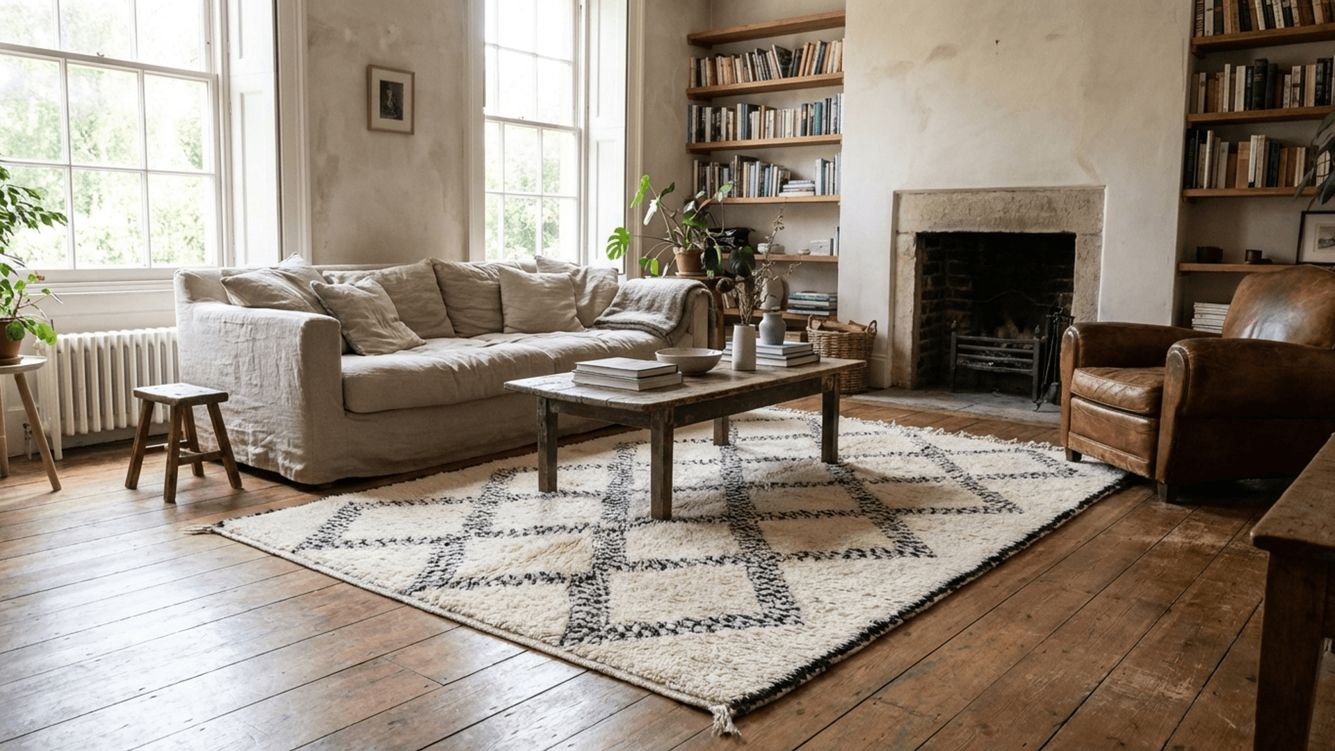 Ivory Black Net Beni Ourain Rug