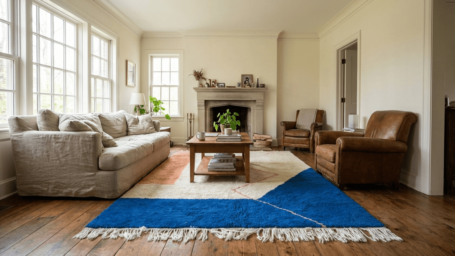 Moroccan Rug Mrirt 5x8 Wool Ivory White Cobalt Blue Blush Pink Peach Minimalist Living Room Berber