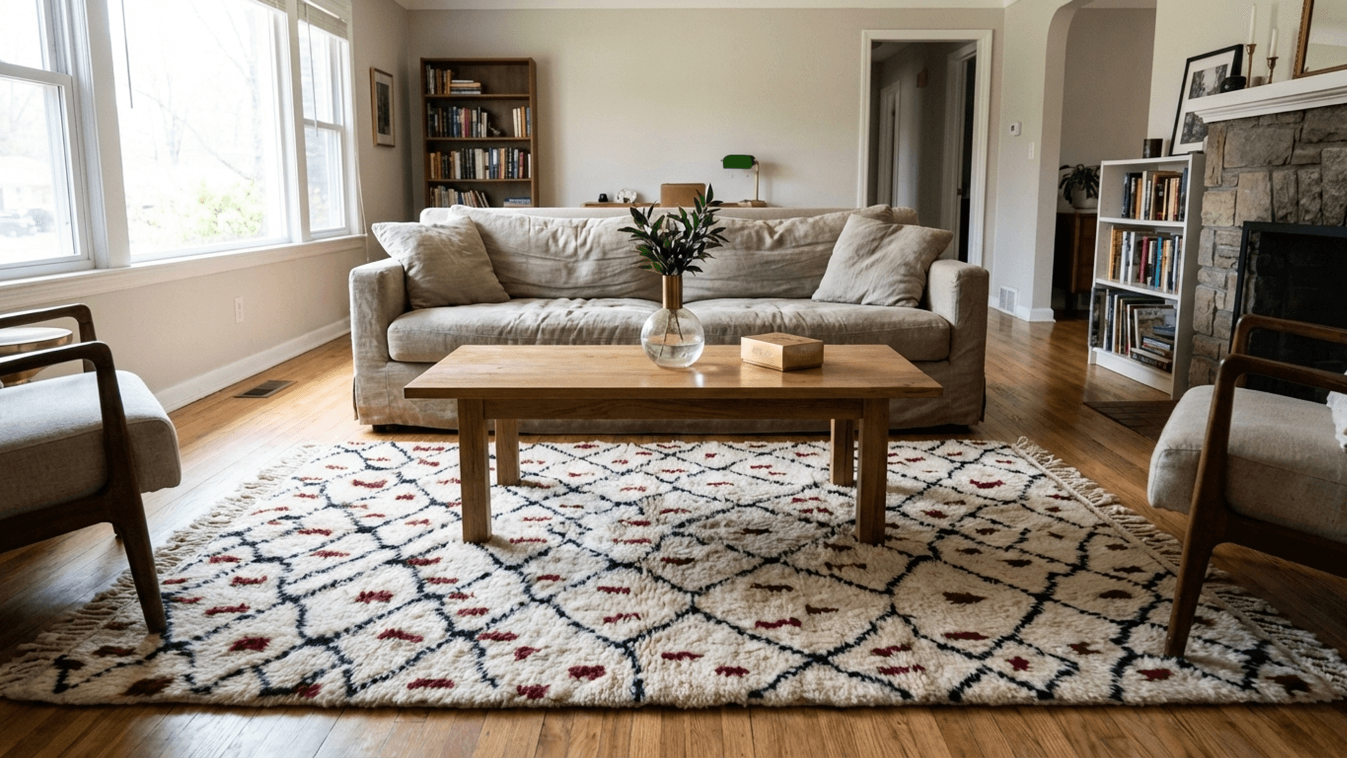 Moroccan Rug Beni Ourain 5x8 Wool Cream White Black Burgundy Boho Living Room Berber