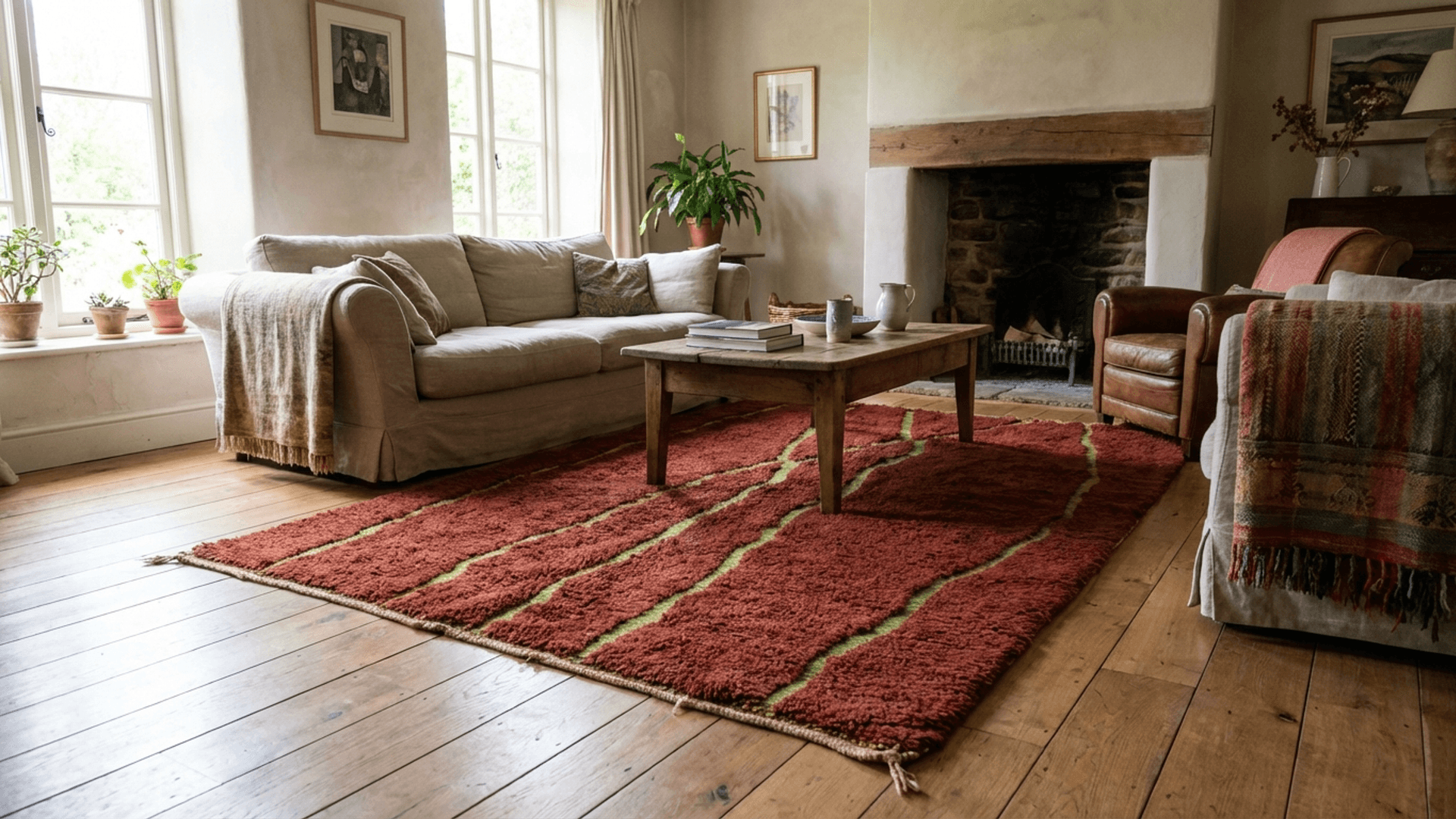 Rust Green Striped Beni Mrirt Rug