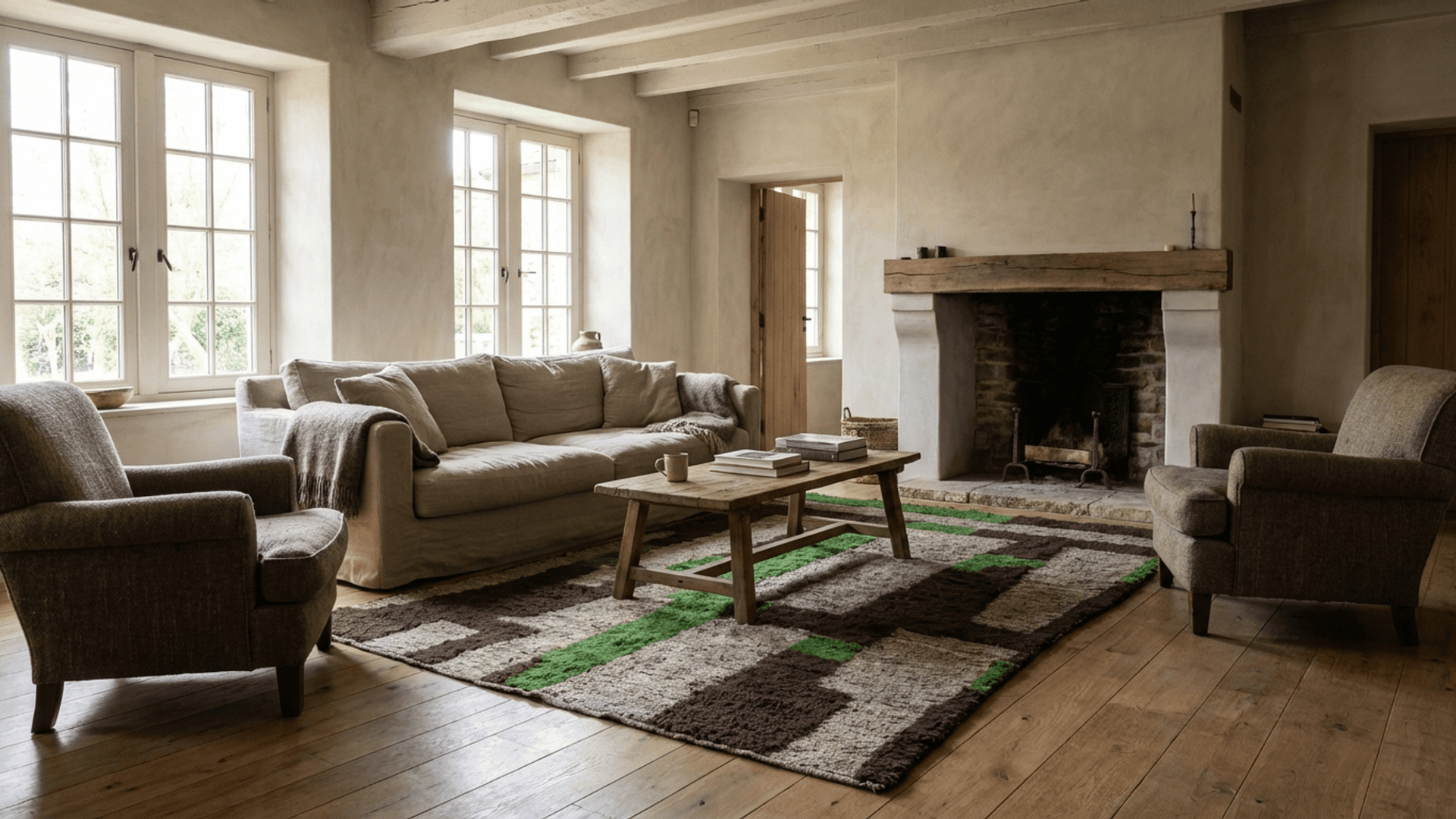 Neutral Green Abstract Beni Mrirt Rug