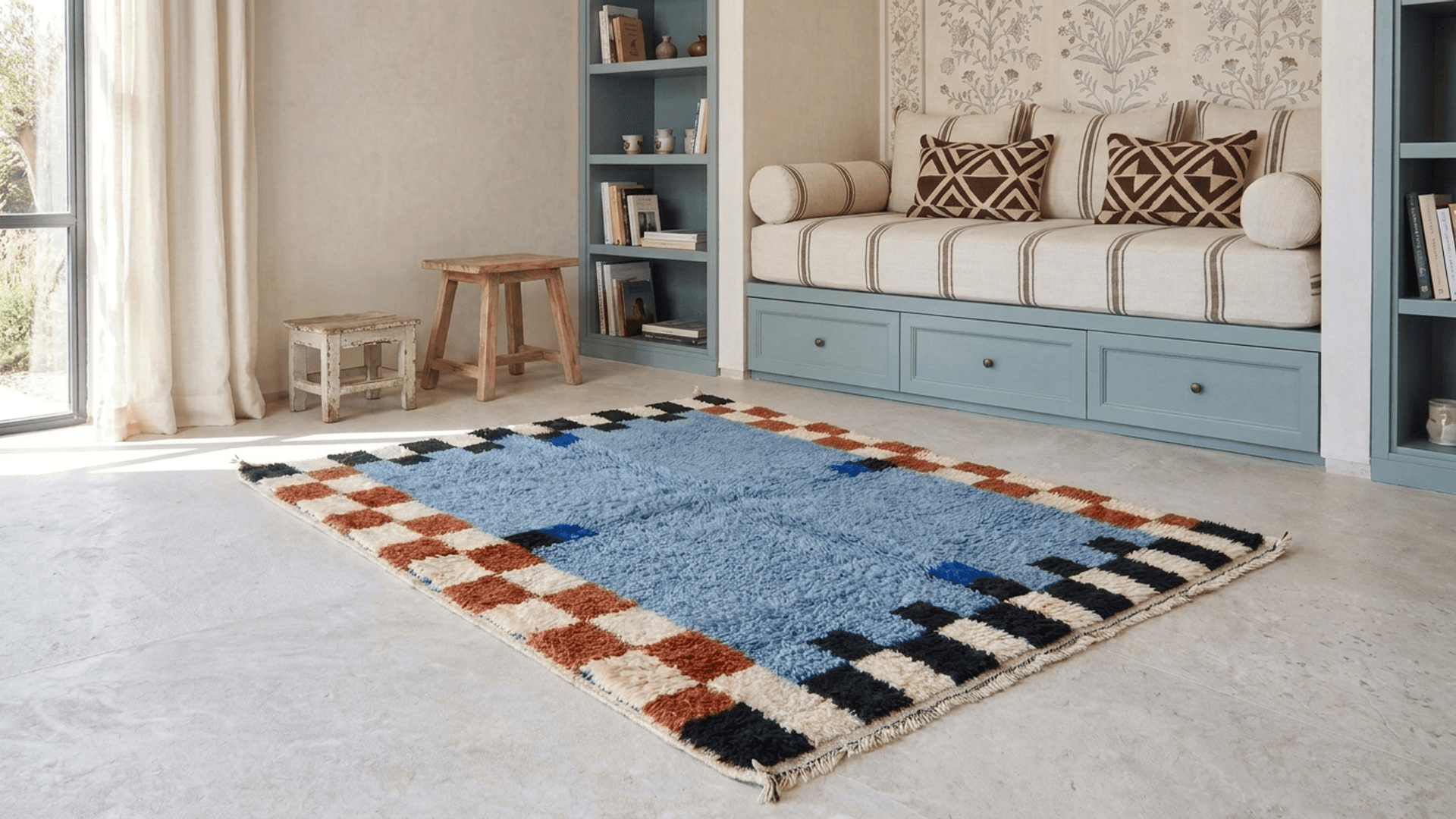 Blue Checkered Border Rug