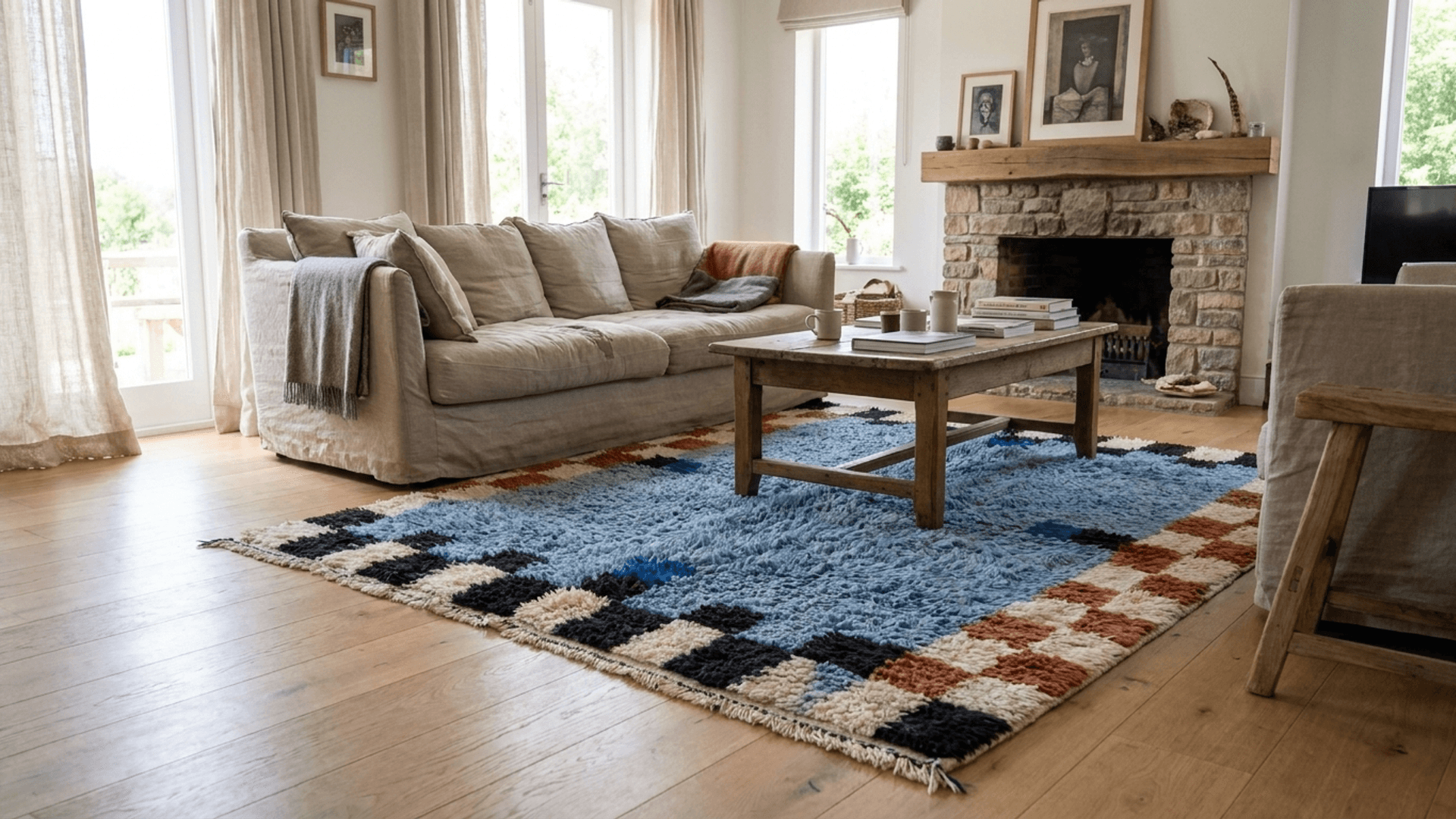 Blue Checkered Border Rug