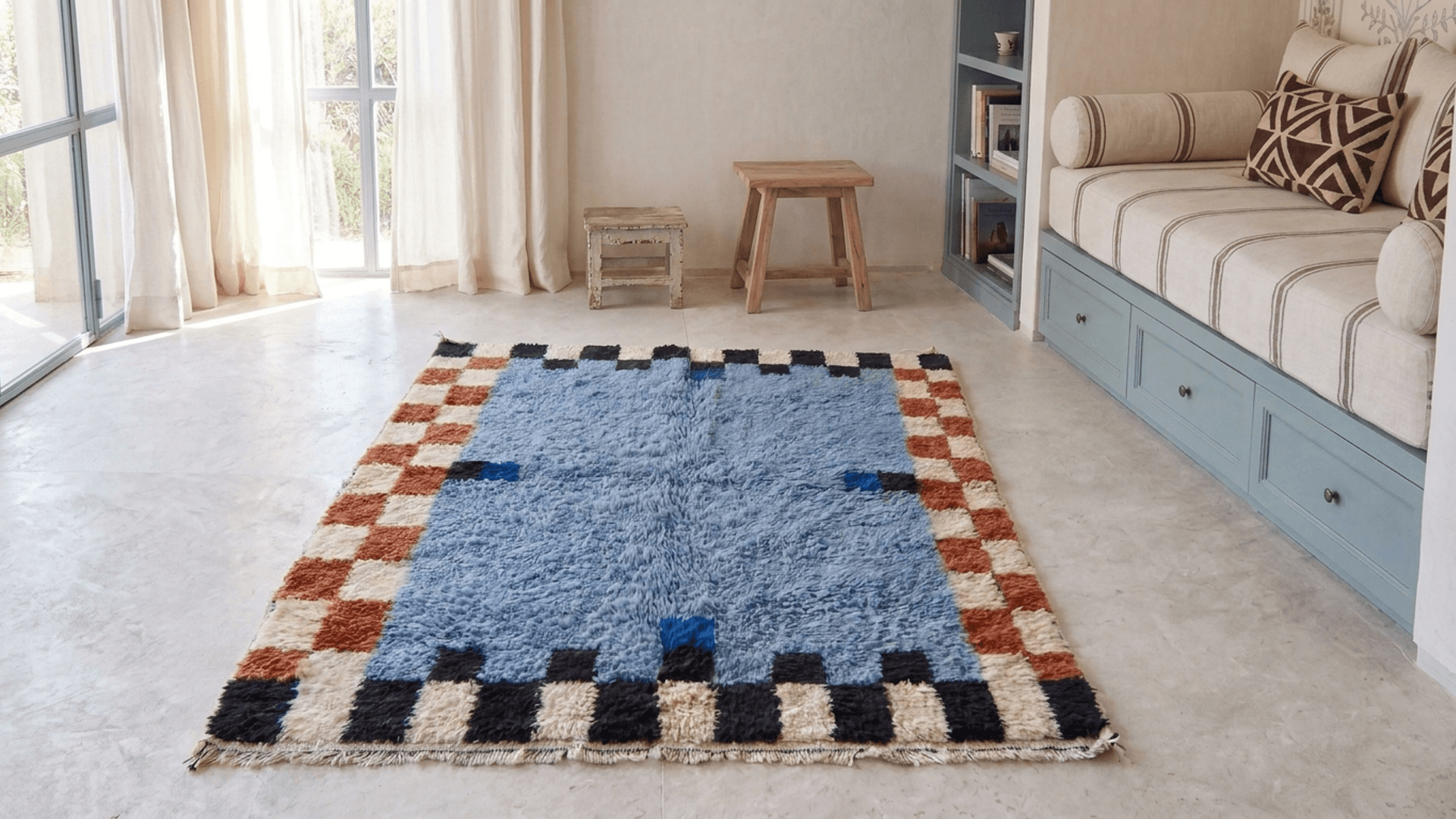 Blue Checkered Border Rug