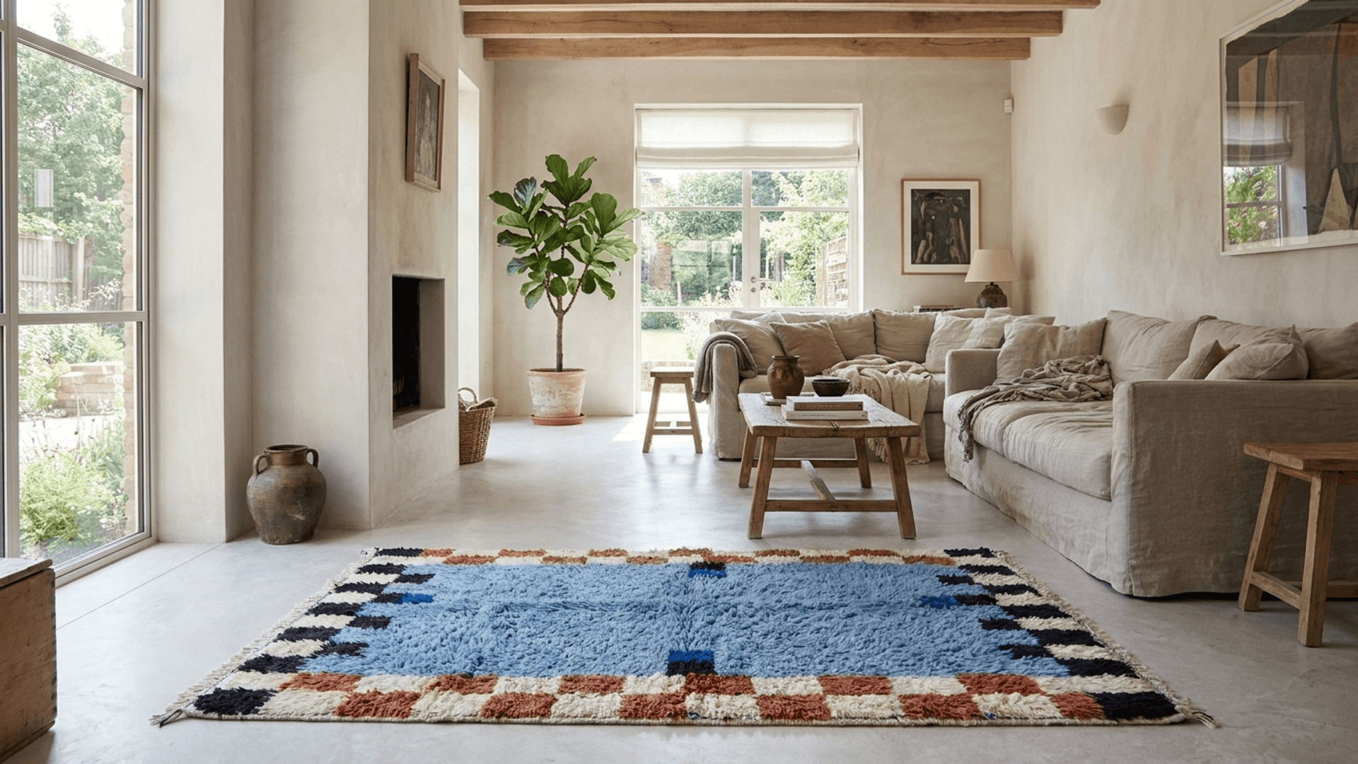 Blue Checkered Border Rug