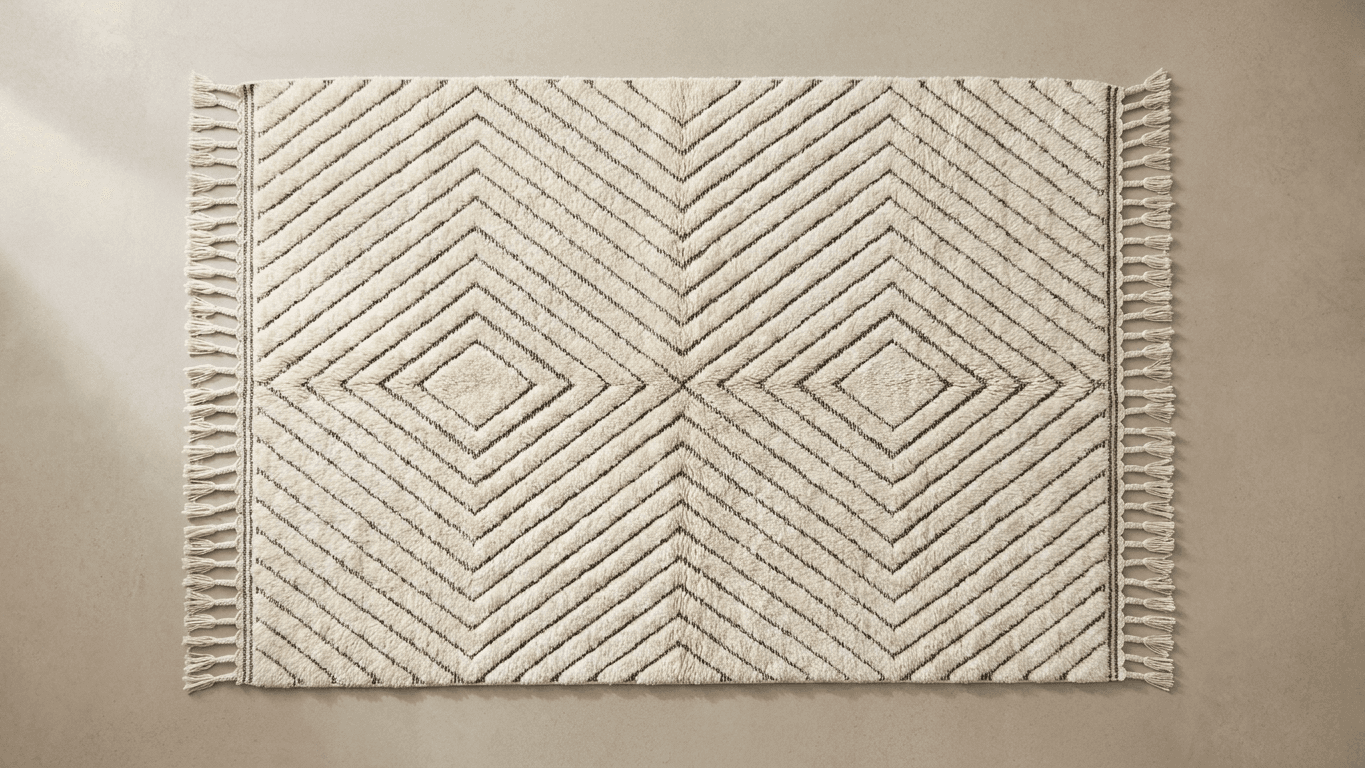 Moroccan Rug Handmade Wool - Ivory Black Modern Boho Area Rug for Living Room Bedroom - Beni Mrirt