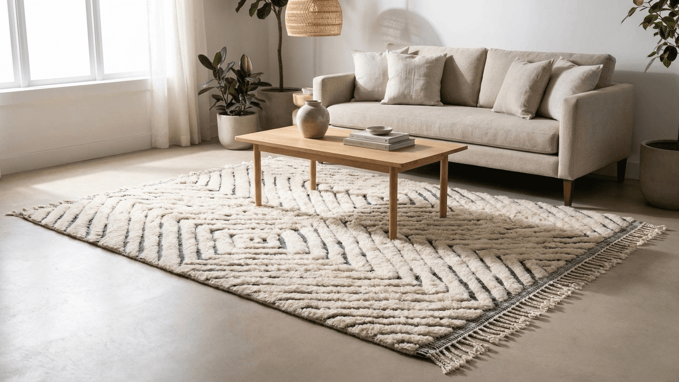 Moroccan Rug Handmade Wool - Ivory Black Modern Boho Area Rug for Living Room Bedroom - Beni Mrirt