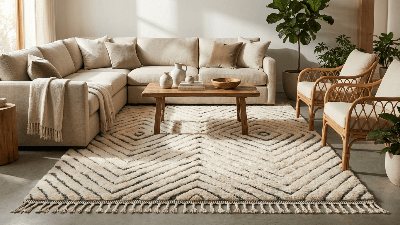 Moroccan Rug Handmade Wool - Ivory Black Modern Boho Area Rug for Living Room Bedroom - Beni Mrirt