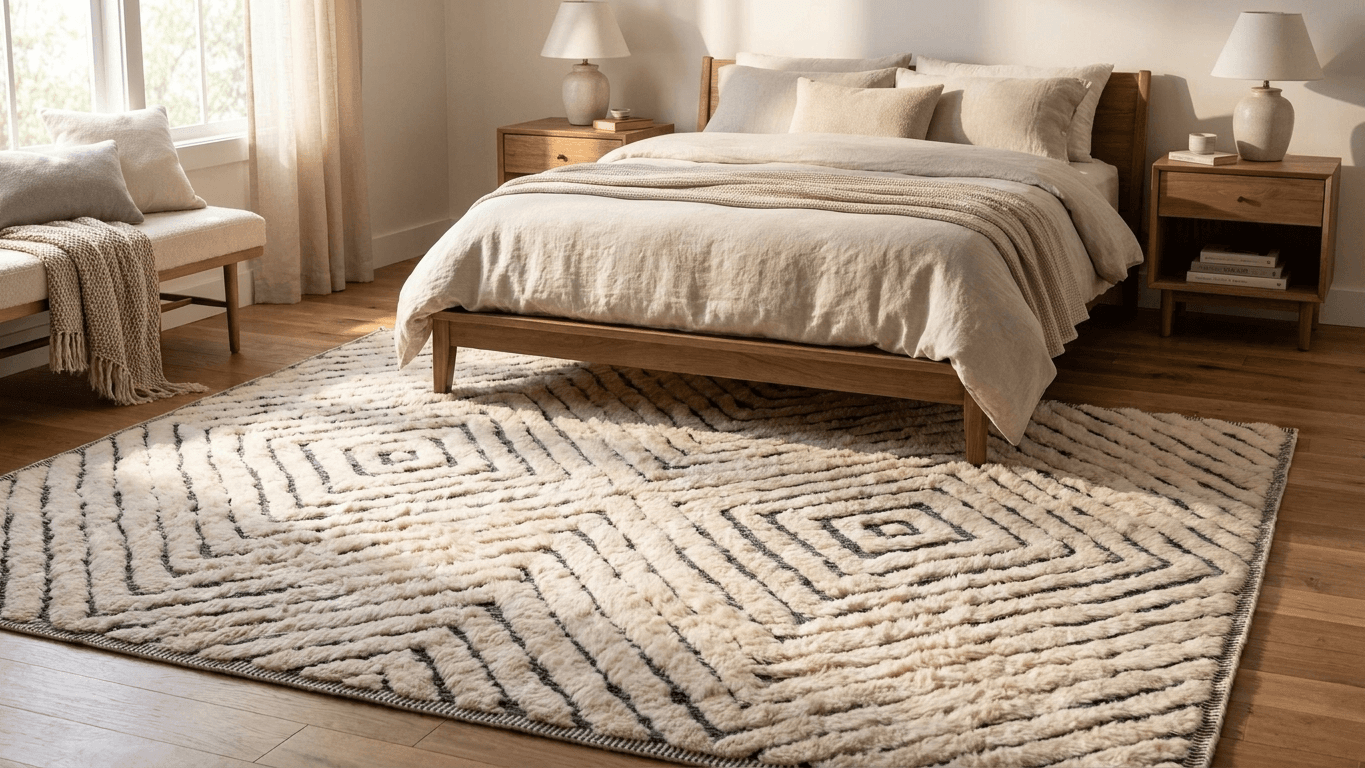 Moroccan Rug Handmade Wool - Ivory Black Modern Boho Area Rug for Living Room Bedroom - Beni Mrirt