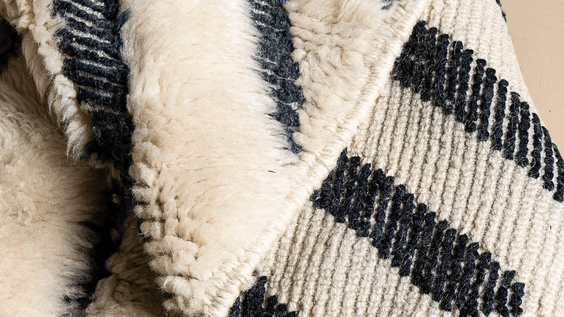 Moroccan Rug Handmade Wool - Ivory Black Modern Boho Area Rug for Living Room Bedroom - Beni Mrirt