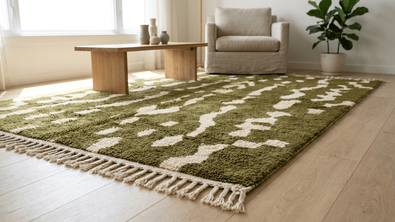 Moroccan Rug Handmade Wool - Olive Green Neutral Modern Boho Area Rug for Living Room Bedroom - Beni Mrirt