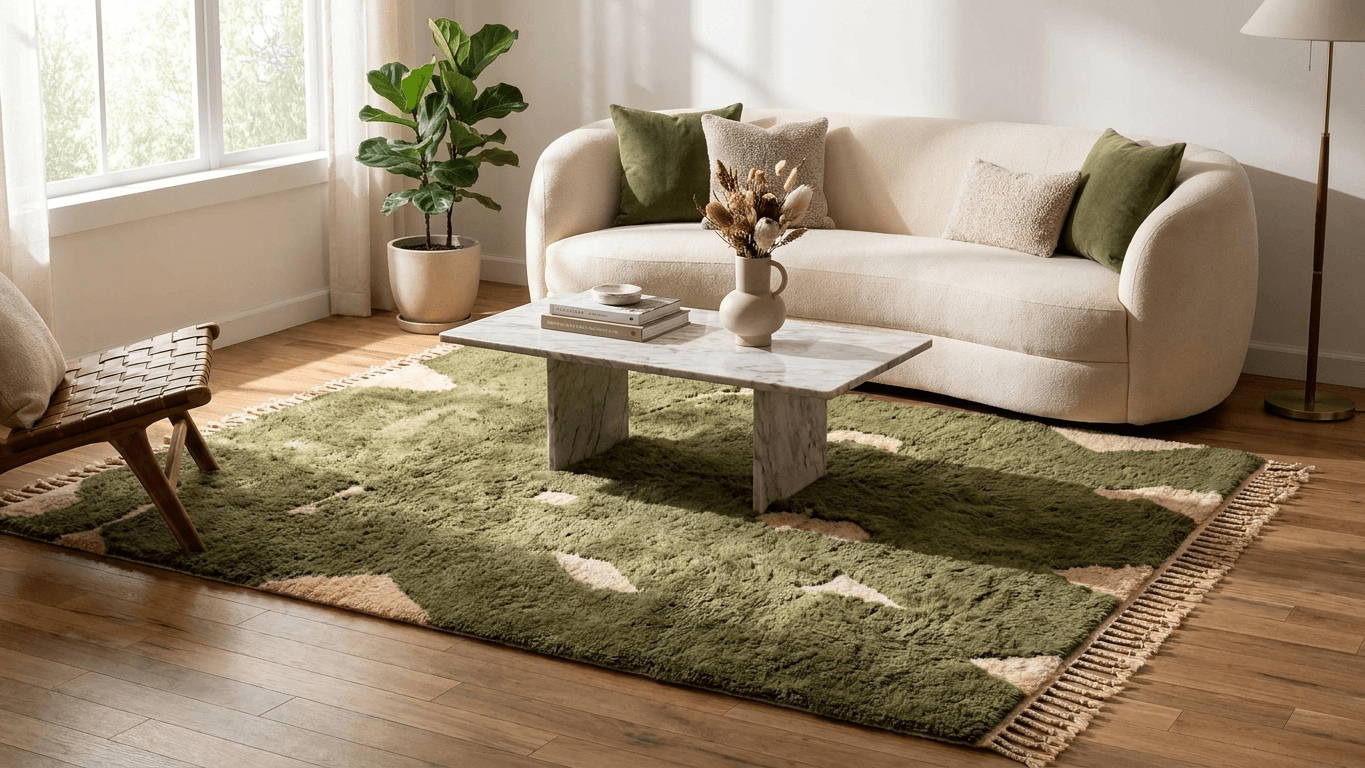Moroccan Rug Handmade Wool - Olive Green Neutral Modern Boho Area Rug for Living Room Bedroom - Beni Mrirt