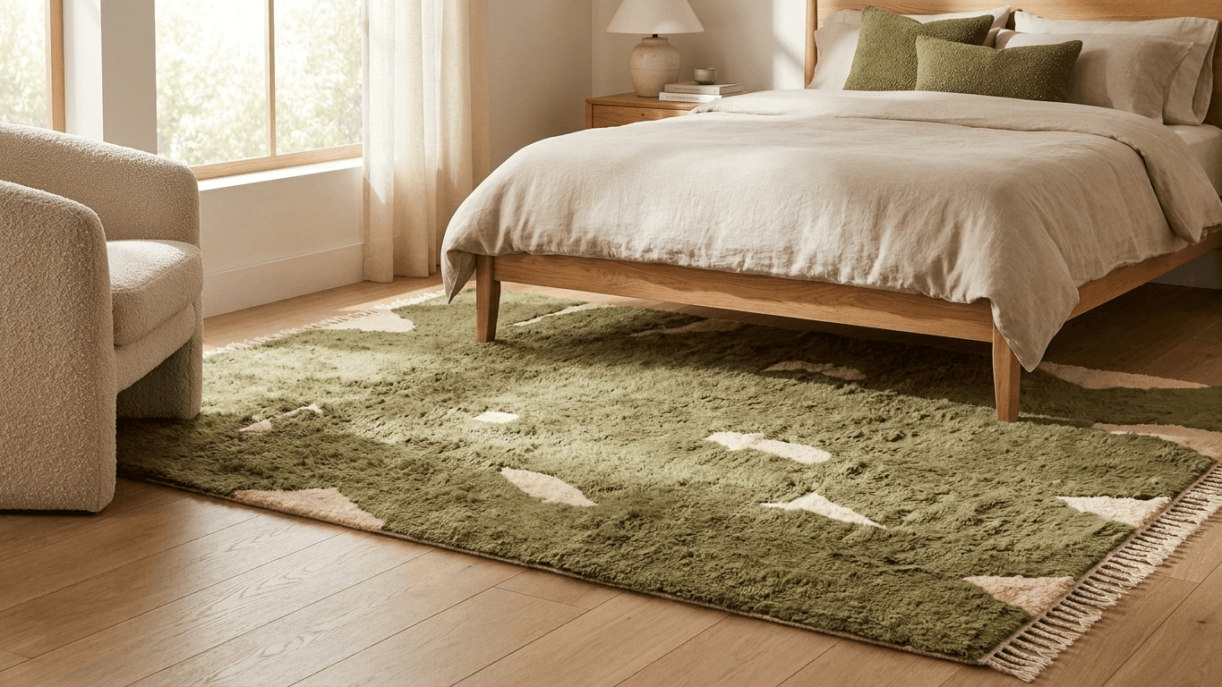 Moroccan Rug Handmade Wool - Olive Green Neutral Modern Boho Area Rug for Living Room Bedroom - Beni Mrirt