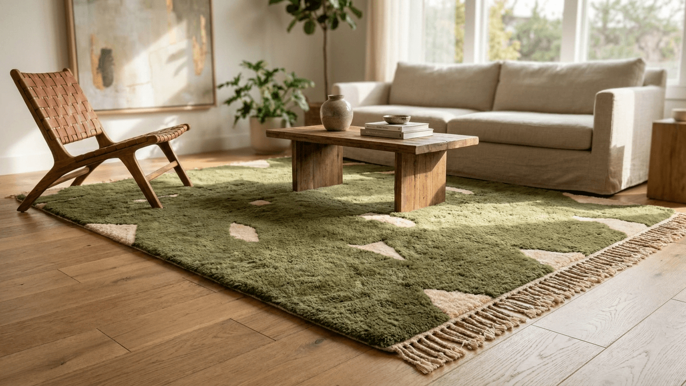 Moroccan Rug Handmade Wool - Olive Green Neutral Modern Boho Area Rug for Living Room Bedroom - Beni Mrirt