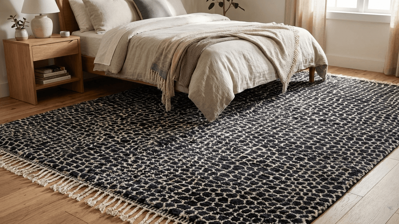 Moroccan Rug Handmade Wool - Black Ivory Leopard Neutral Modern Boho Area Rug for Living Room Bedroom Beni Mrirt