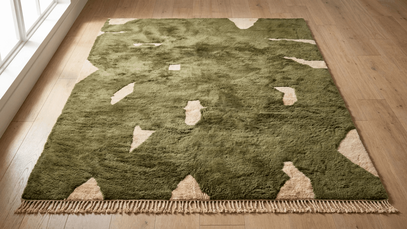 Moroccan Rug Handmade Wool - Olive Green Neutral Modern Boho Area Rug for Living Room Bedroom - Beni Mrirt
