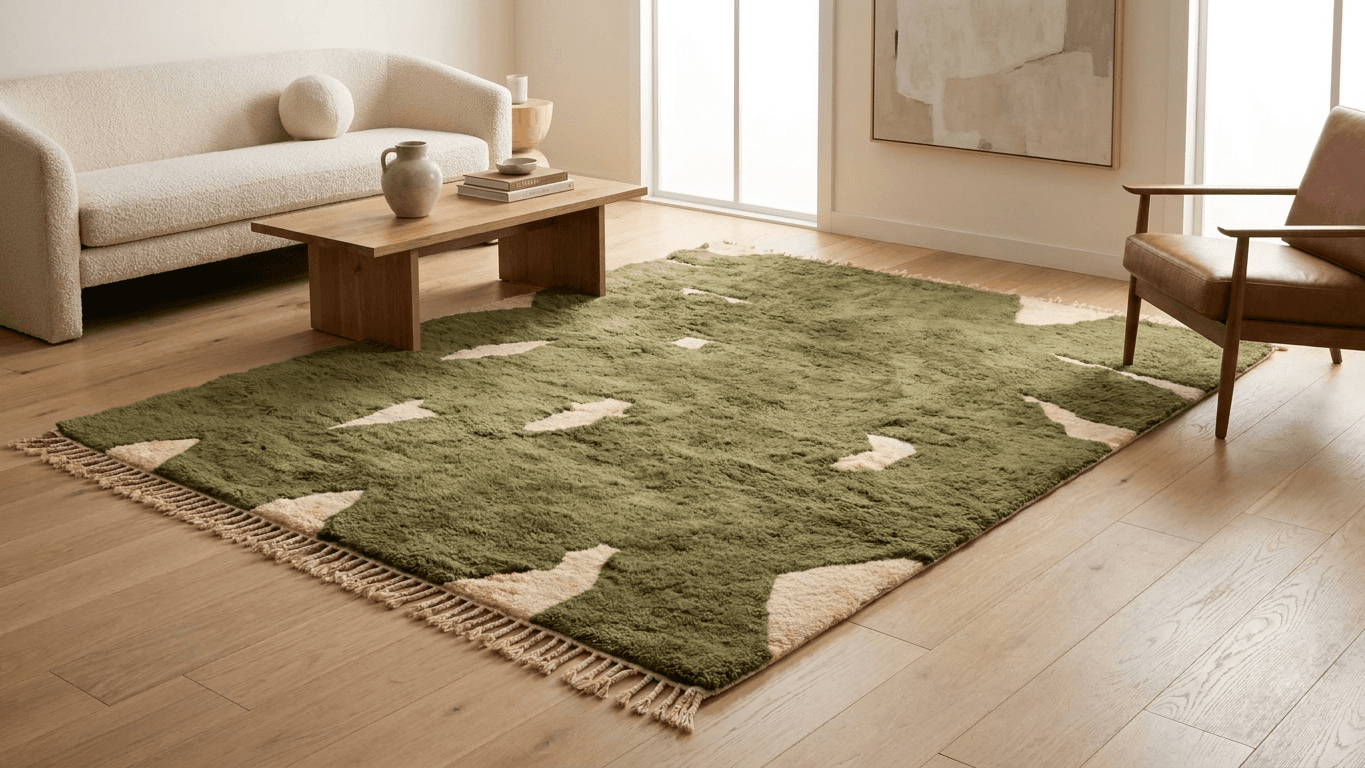 Moroccan Rug Handmade Wool - Olive Green Neutral Modern Boho Area Rug for Living Room Bedroom - Beni Mrirt