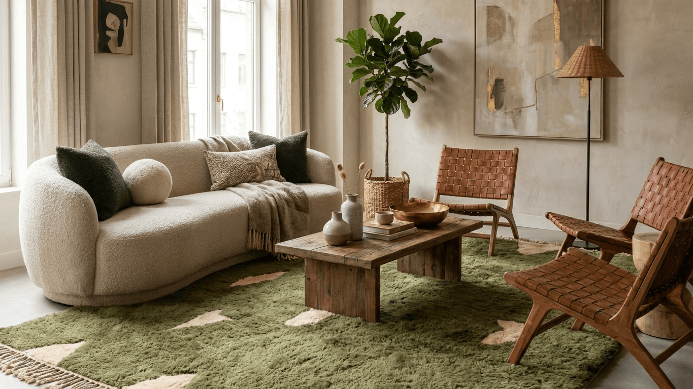 Moroccan Rug Handmade Wool - Olive Green Neutral Modern Boho Area Rug for Living Room Bedroom - Beni Mrirt