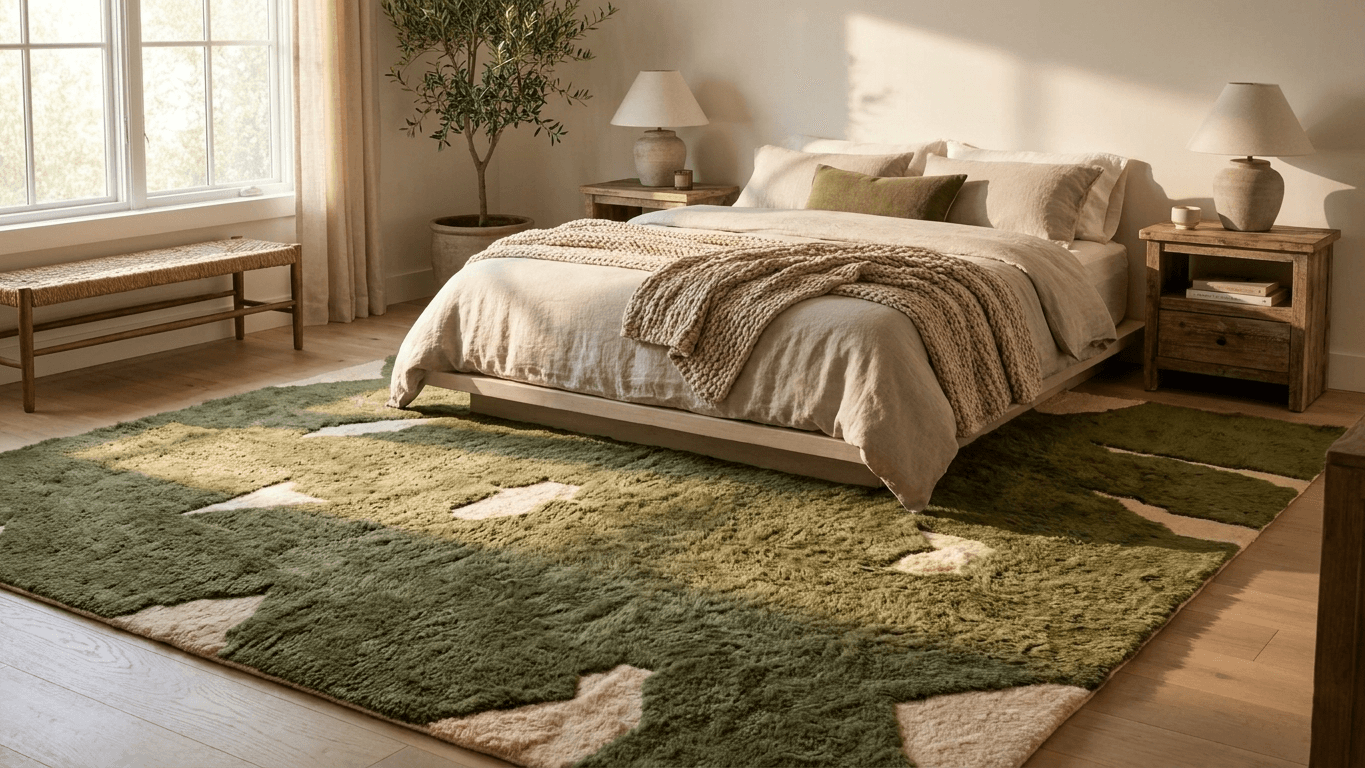 Moroccan Rug Handmade Wool - Olive Green Neutral Modern Boho Area Rug for Living Room Bedroom - Beni Mrirt