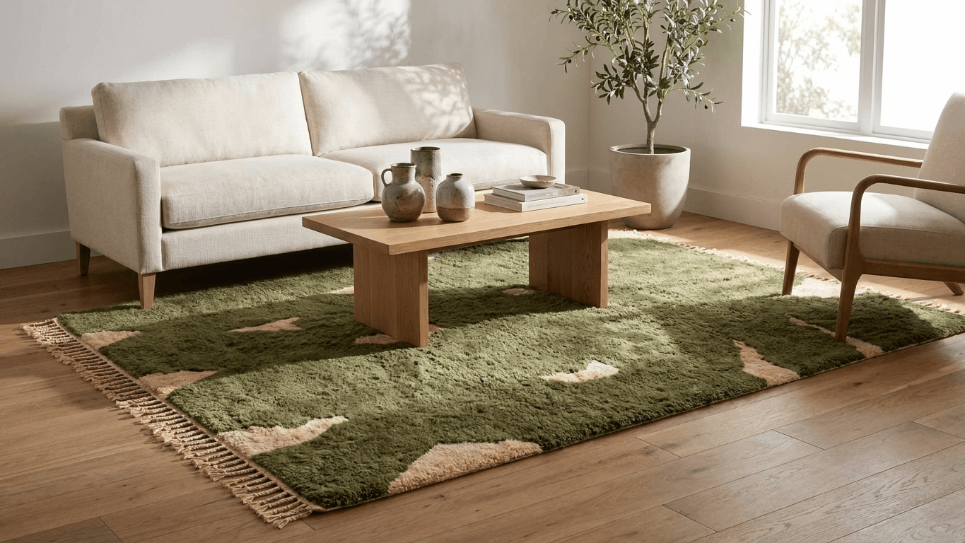 Moroccan Rug Handmade Wool - Olive Green Neutral Modern Boho Area Rug for Living Room Bedroom - Beni Mrirt