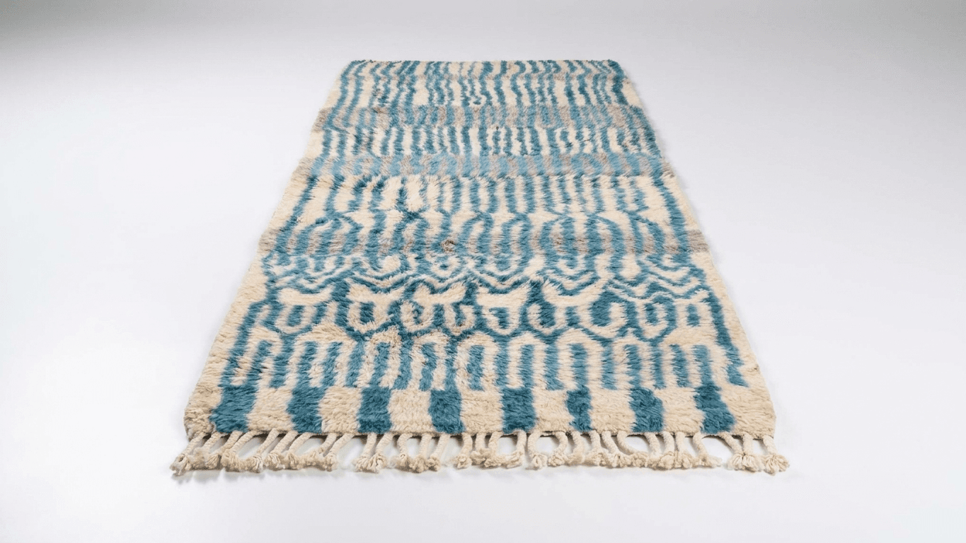 Moroccan Rug Handmade Wool  - Blue Ivory Neutral Runner Area Rug for Hallway Entry Living Room - Beni Mrirt