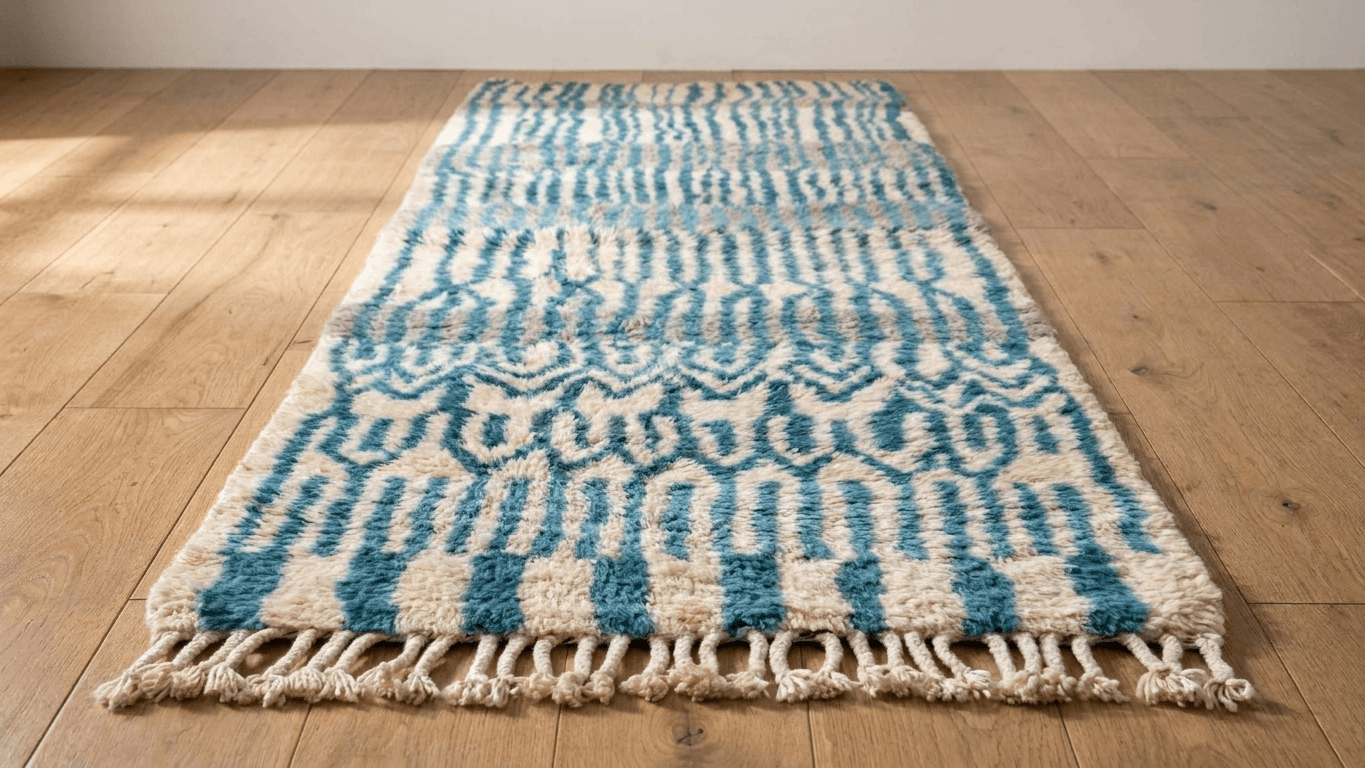 Moroccan Rug Handmade Wool  - Blue Ivory Neutral Runner Area Rug for Hallway Entry Living Room - Beni Mrirt