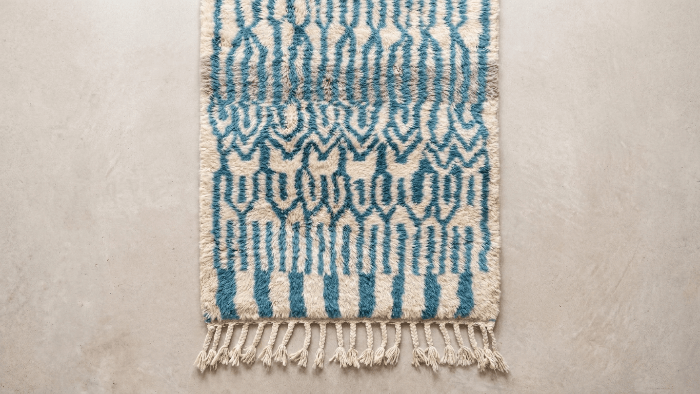Moroccan Rug Handmade Wool  - Blue Ivory Neutral Runner Area Rug for Hallway Entry Living Room - Beni Mrirt