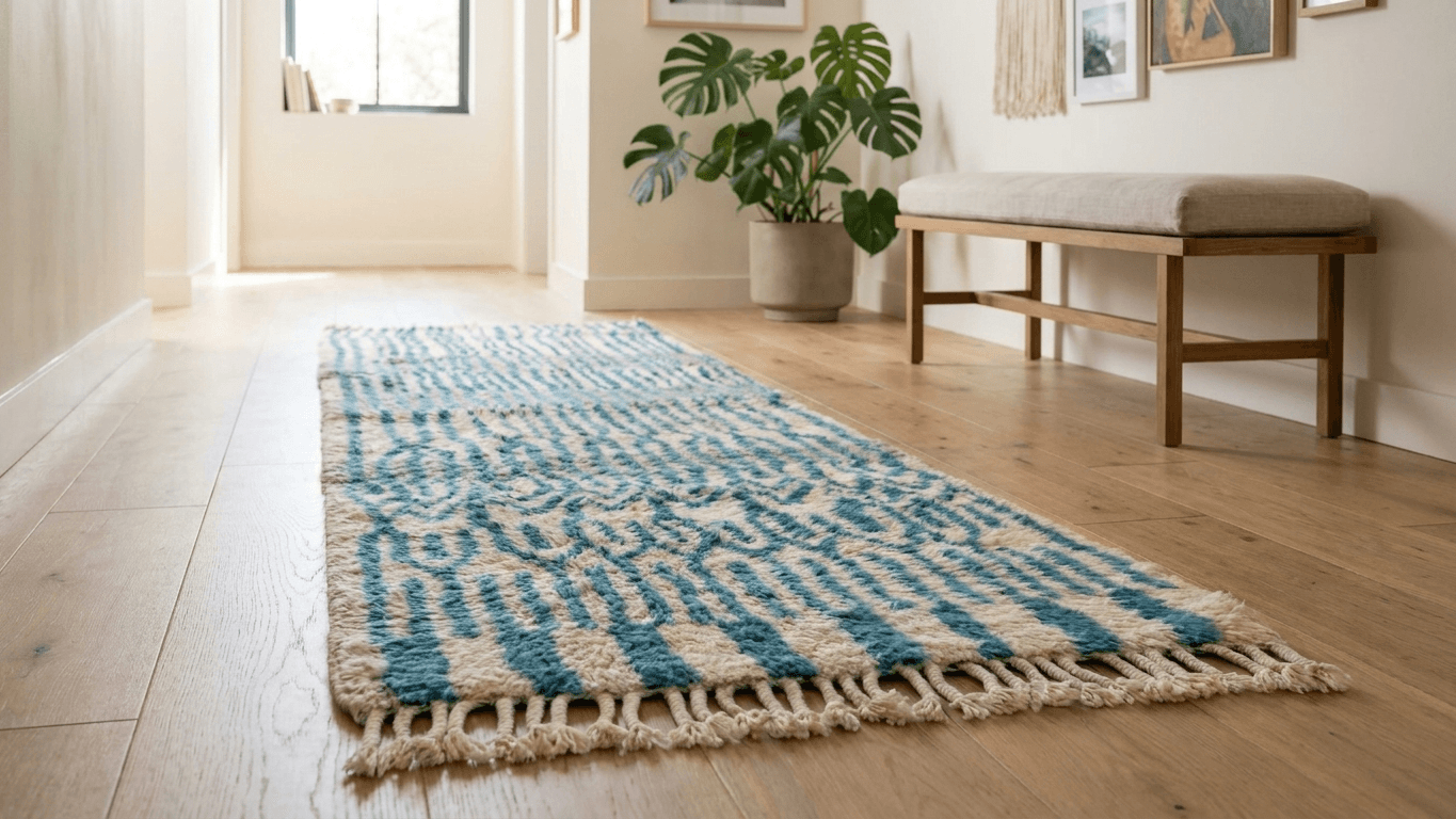 Moroccan Rug Handmade Wool  - Blue Ivory Neutral Runner Area Rug for Hallway Entry Living Room - Beni Mrirt