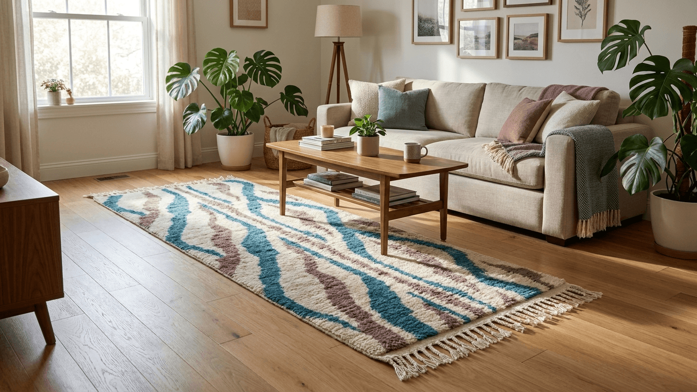 Moroccan Rug Handmade Wool  - Blue Ivory Neutral Runner Area Rug for Hallway Entry Living Room - Beni Mrirt