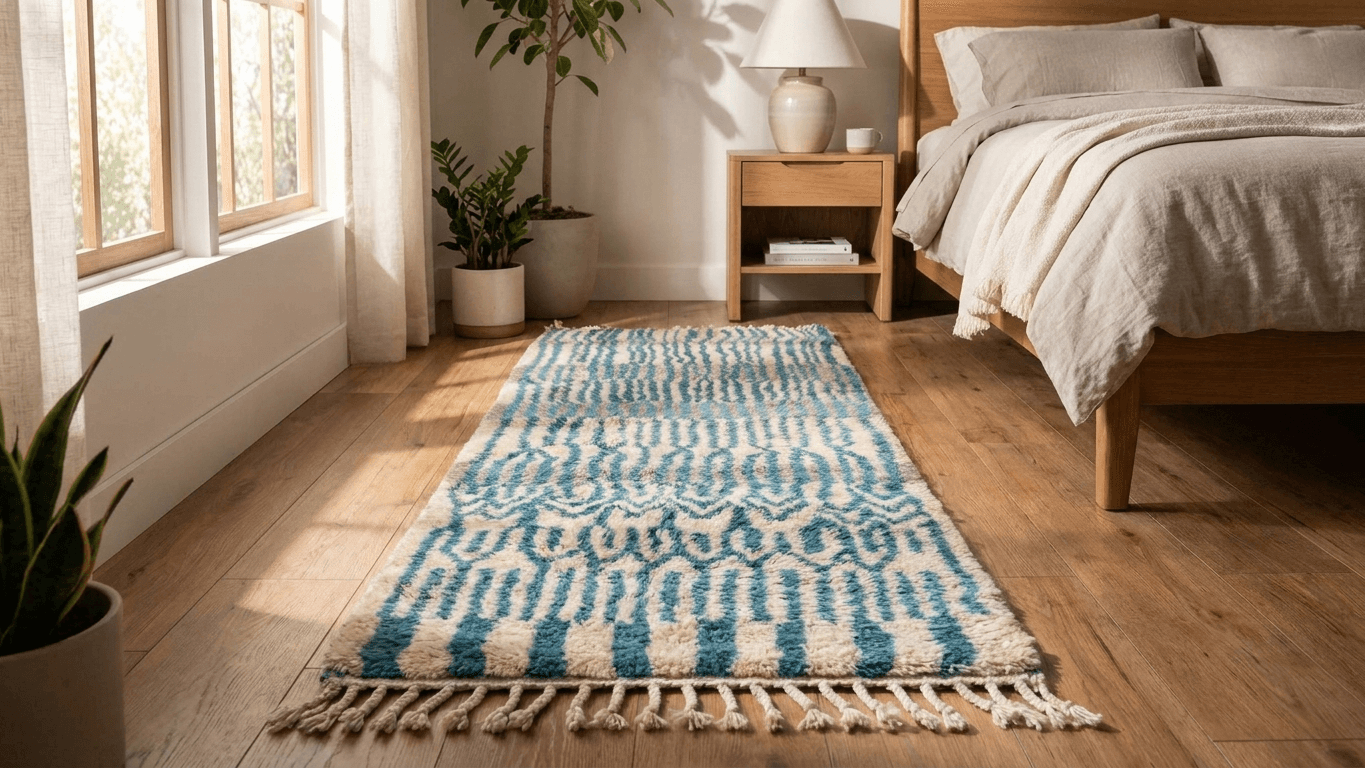 Moroccan Rug Handmade Wool  - Blue Ivory Neutral Runner Area Rug for Hallway Entry Living Room - Beni Mrirt