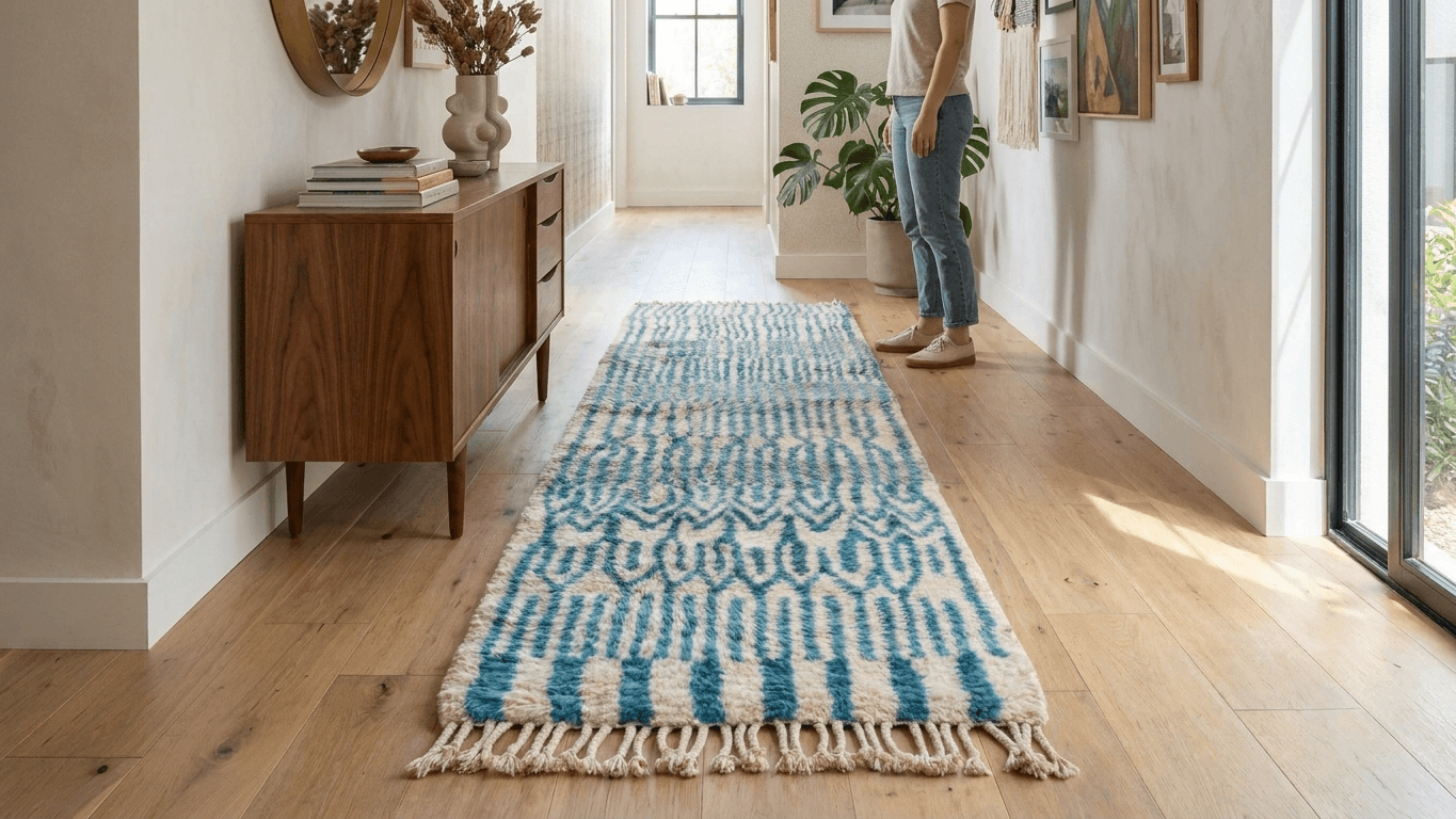 Moroccan Rug Handmade Wool  - Blue Ivory Neutral Runner Area Rug for Hallway Entry Living Room - Beni Mrirt