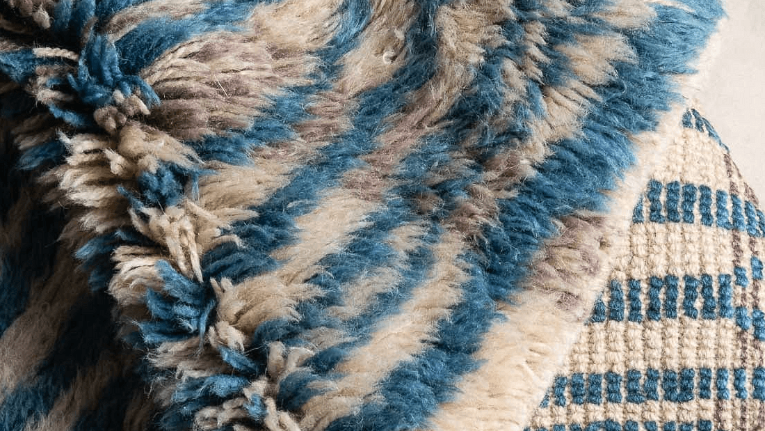 Moroccan Rug Handmade Wool  - Blue Ivory Neutral Runner Area Rug for Hallway Entry Living Room - Beni Mrirt