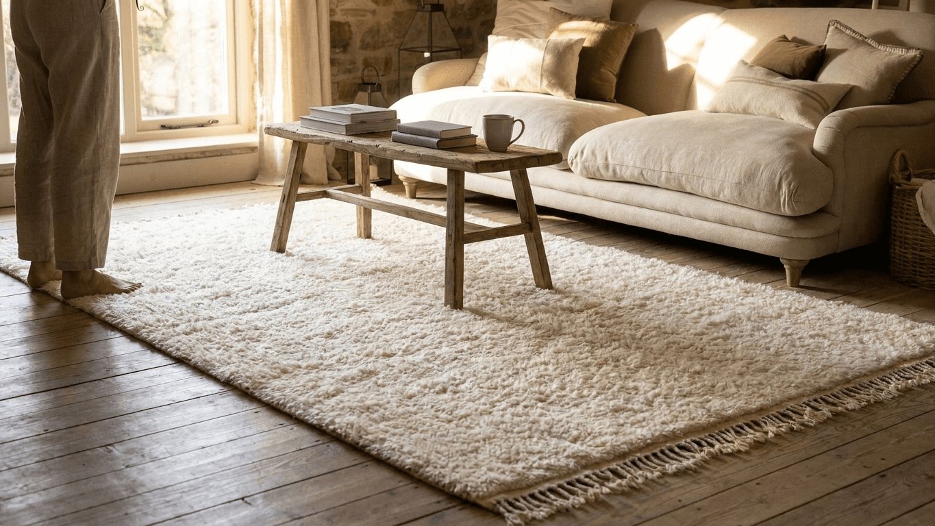 Moroccan Rug Handmade Wool - Ivory Neutral Plush Boho Area Rug for Living Room Bedroom - Beni Ourain