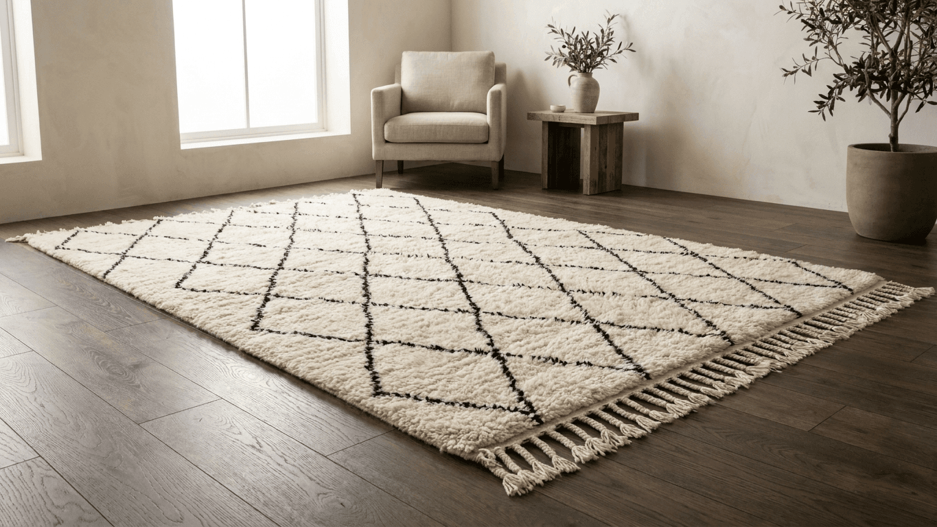 Handmade Wool Rug  Beni Ourain Boho Living Room