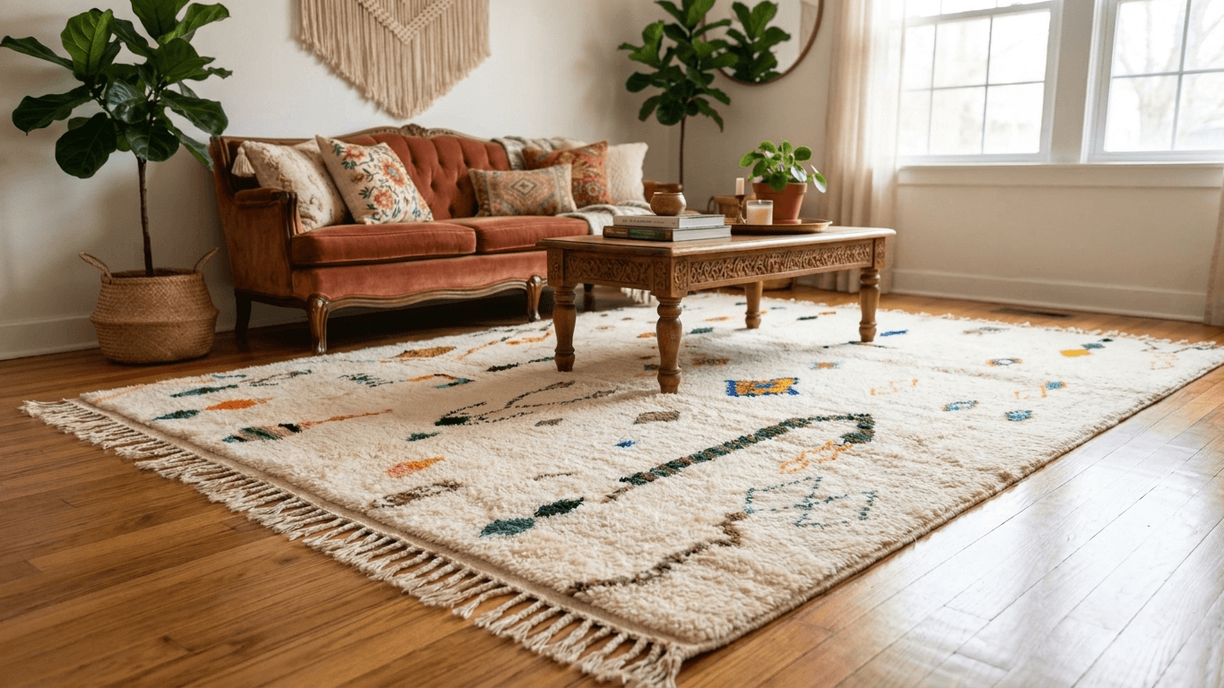 Handmade Wool Rug Beni Ourain  Boho Living Room Decor