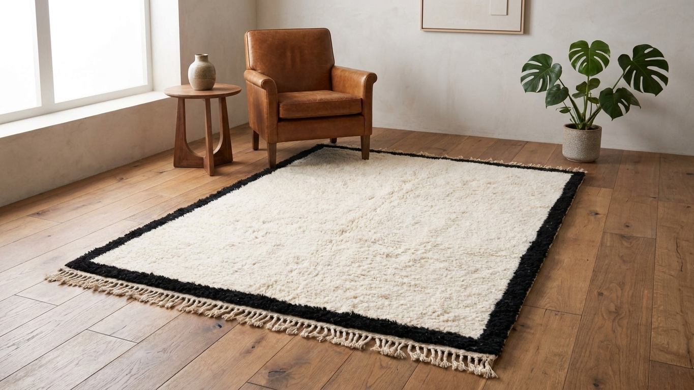 Ivory Black Border Beni Ourain Rug